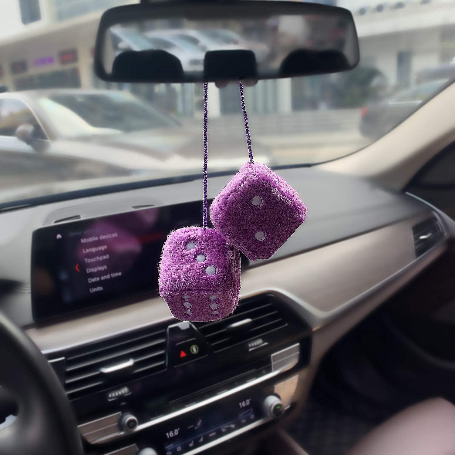 Ygmoner Pair Of Retro Square Mirror Hanging Couple Fuzzy Plush Dice With Dots For Car Decoration (Purple)