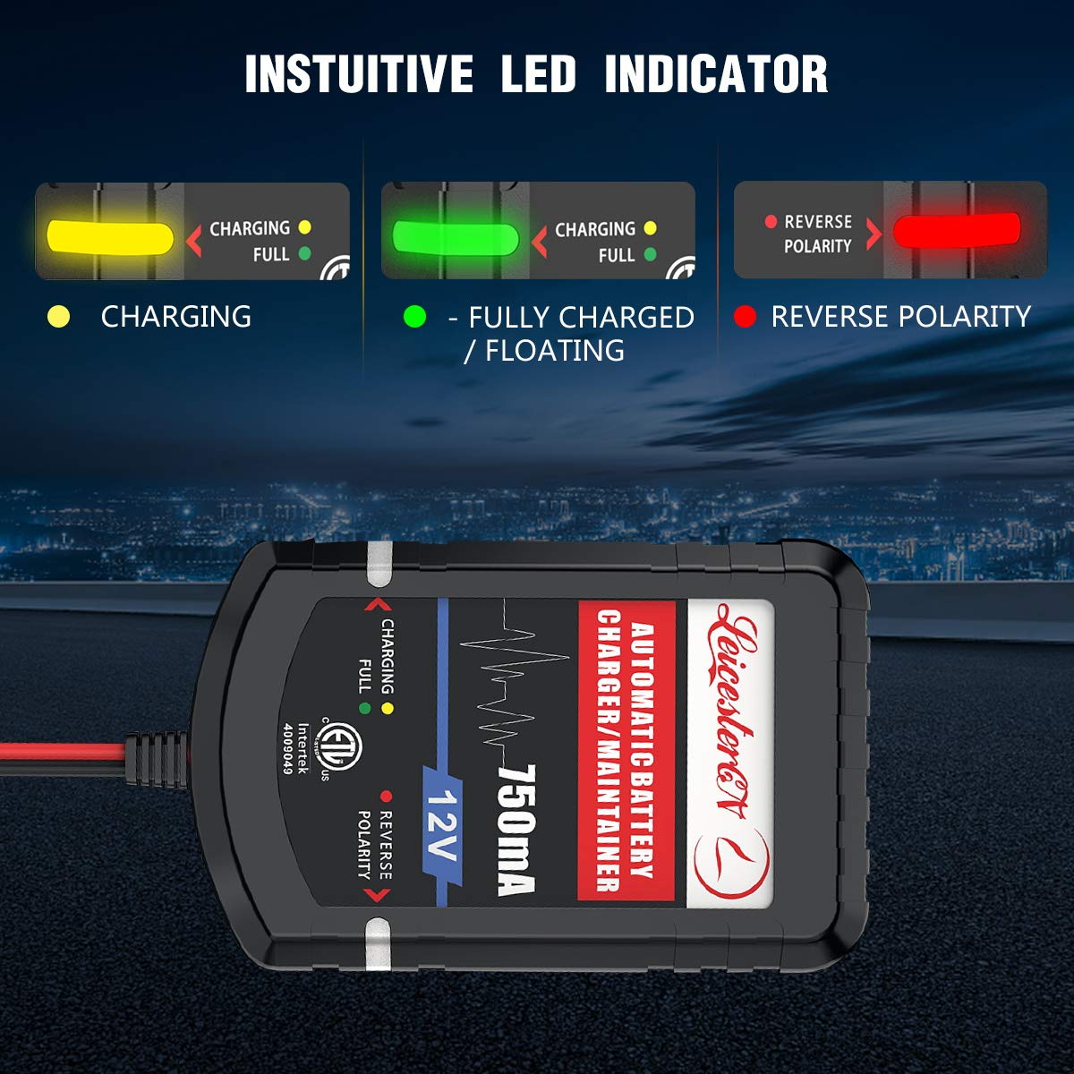 [4-Pack] LEICESTERCN Automatic Trickle Battery Charger Maintainer 12V 750mA Smart Float Charger for Car Motorcycle Lawn Mower Tr