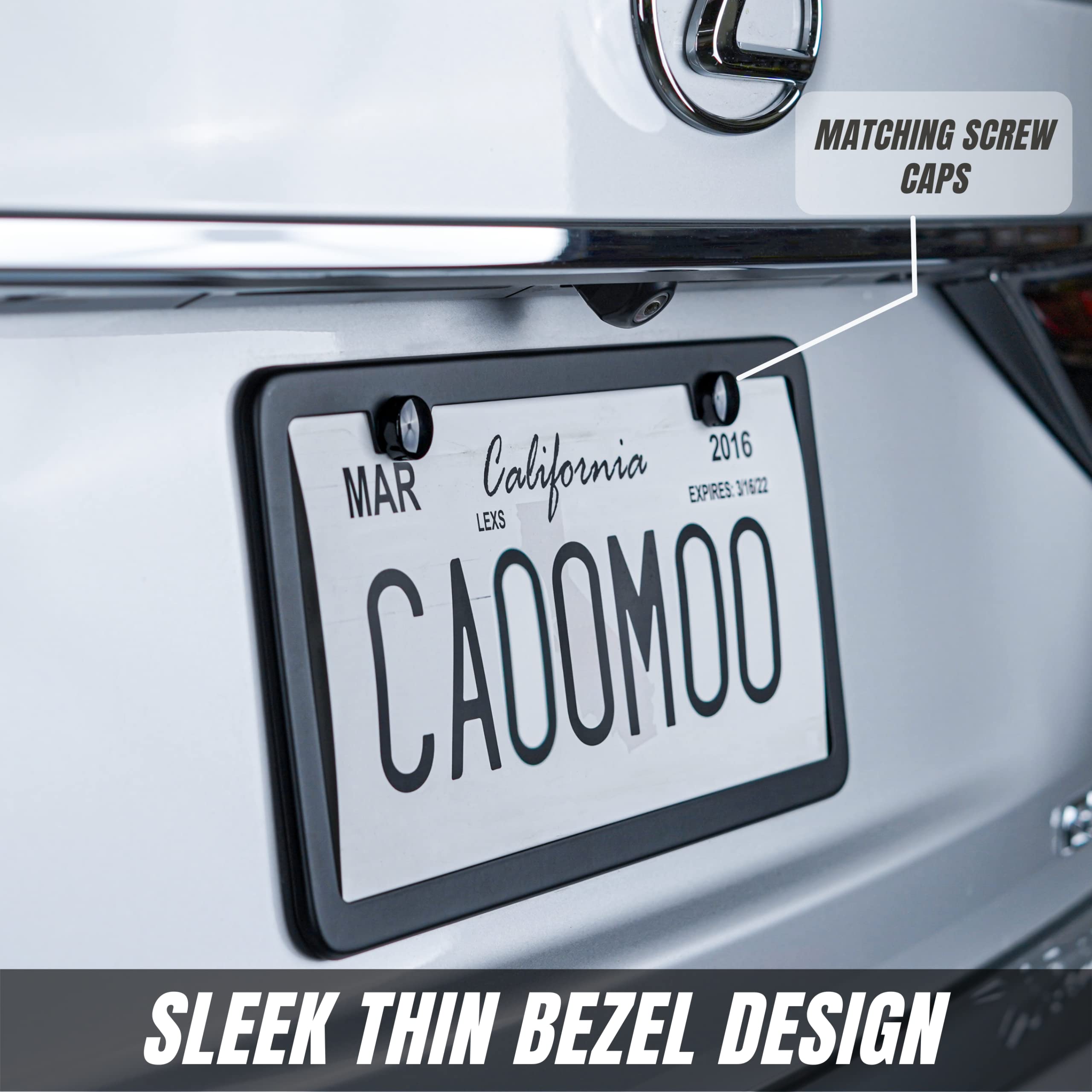 Sunplustrade License Plate Frame Black Matte Powder Coated Aluminum With Screw Caps (2 Pieces)