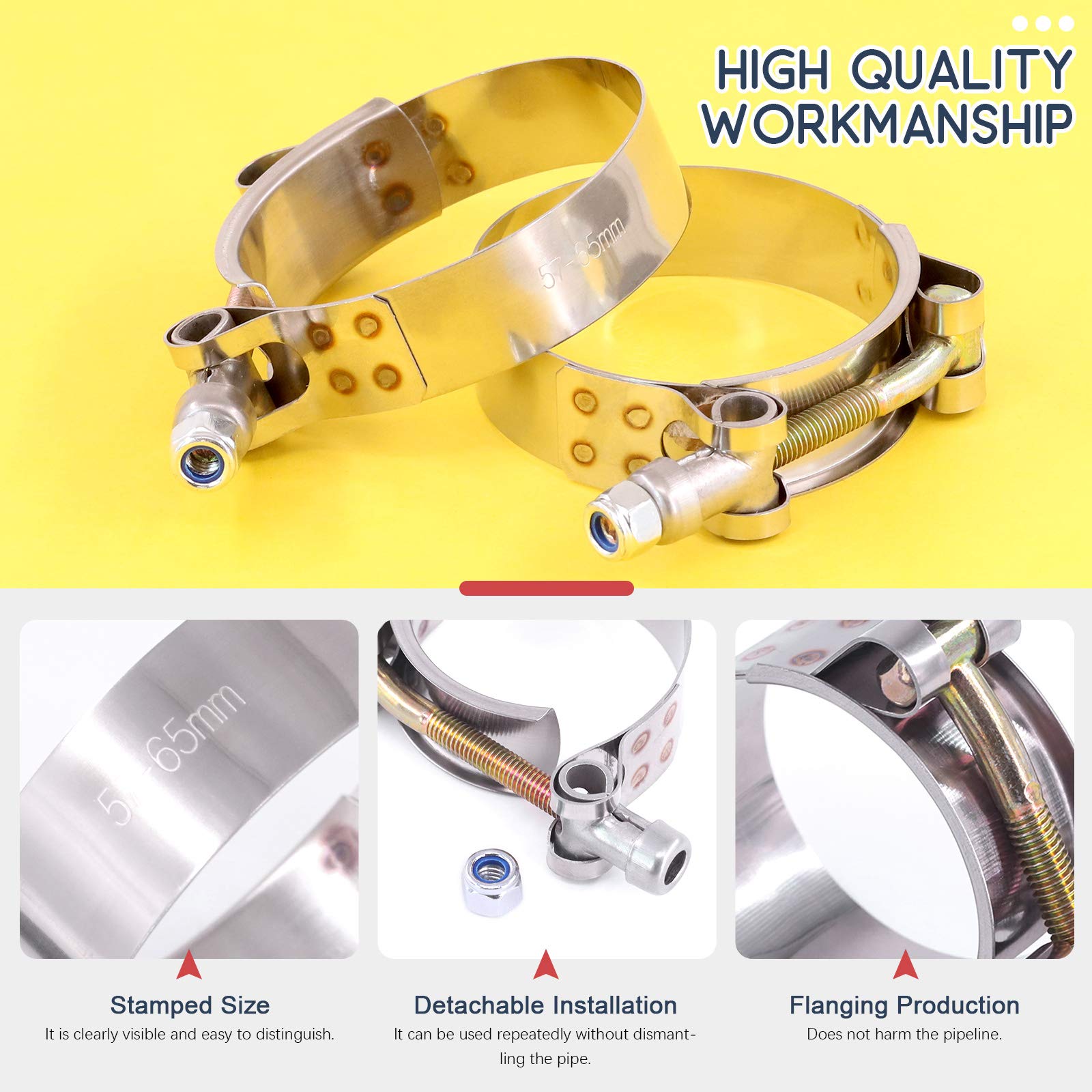 Hilitchi 5Pcs Stainless Steel T-Bolt Clamps With Rounded Band Edges Heavy Duty Turbo Intake Intercooler Clamp (57-65Mm) For 2 Inch