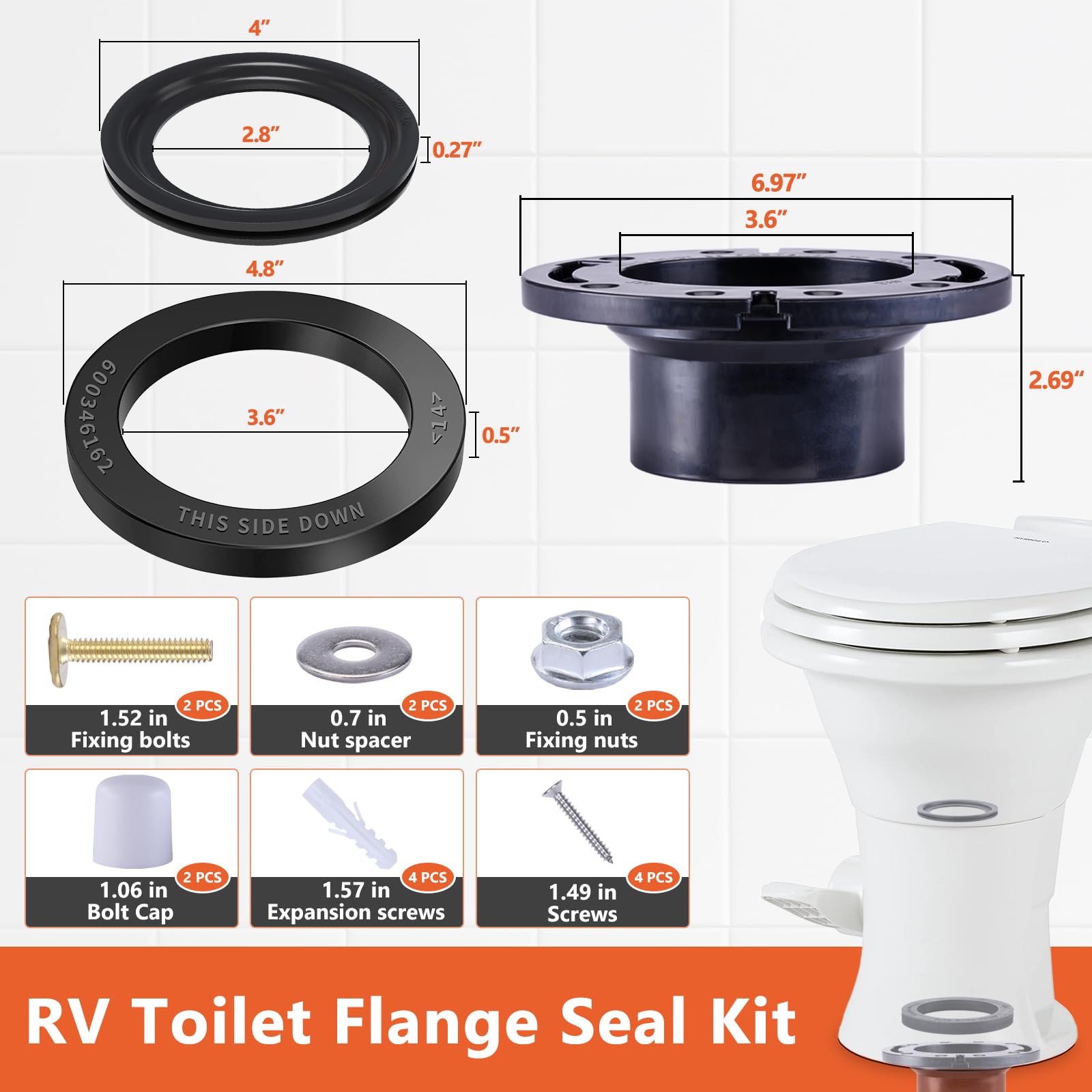 Boeemi Rv Toilet Seal And Rv Toilet Flange Kit, Designed For Rv 300/310/320 Toilets, Replaces 385345892 Rv Floor Flange And 385311658 Flush Seal And 385311652 Base Seal, 3 In 1 Combo Kit - Black