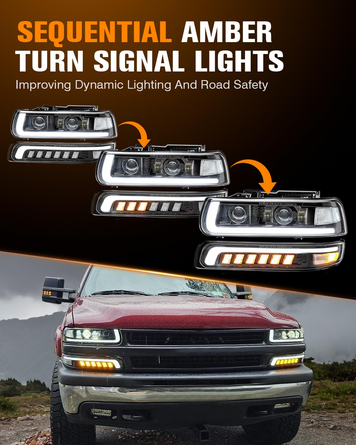 RAMJET4X4 LED Headlights Assembly for 1999-2002 Chevy Silverado, 2000-2006 Suburban, Tahoe - Sequential Turn Signal, Hi/Low Beam, Black