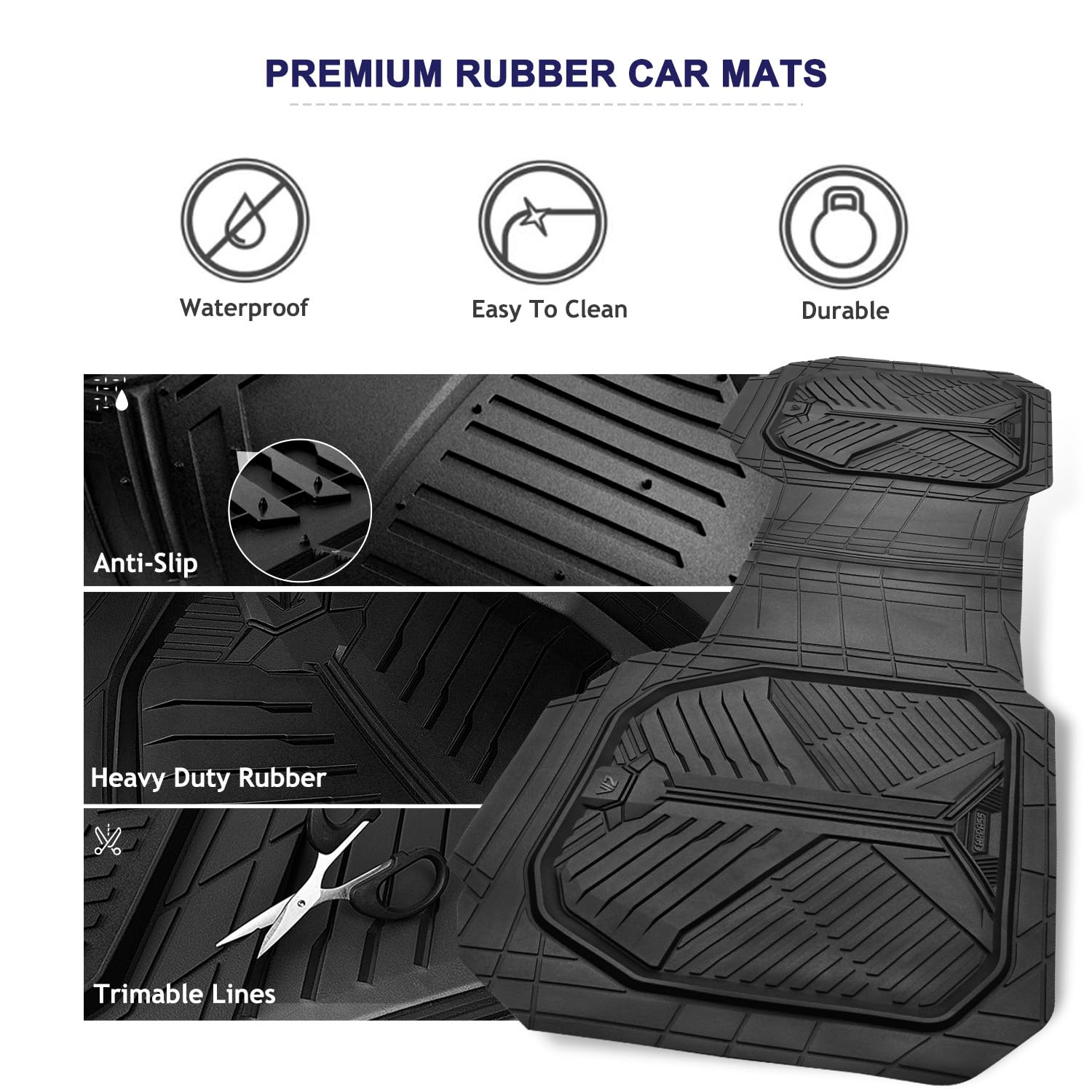 Car Pass Heavy Duty Rubber Rear Car Mat, Deep-Dish Odorless Car Floor Mats All Weather, Universal Trim-To-Fit For Suvs Trucks Se