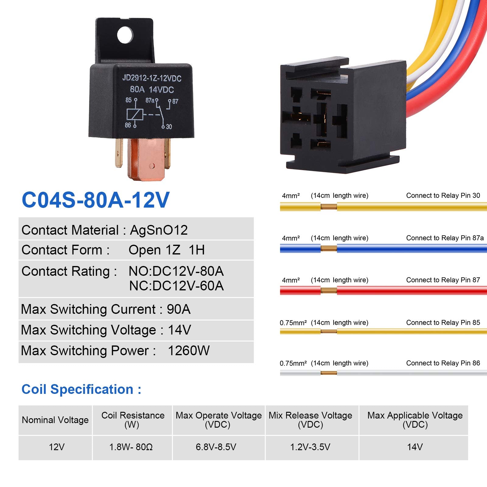Ehdis 5 Packs Car Relay With Harness Truck Motor Heavy Duty 5-Pin 80A 12V Relay On/Off Normally Open Spdt Relay Socket Plug 5 Wire Automotive Relay Jd2912-1Z-12Vdc 80A 14Vdc