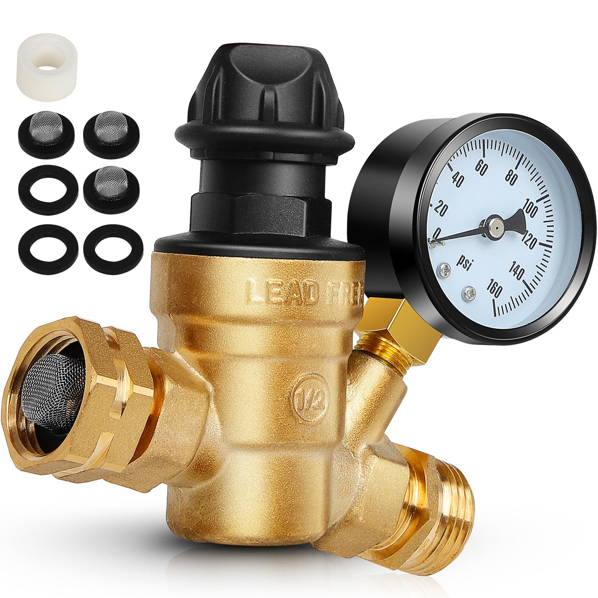 RV Water Pressure Regulator with Adjustable Knob, Brass Lead-Free Camper Water Pressure Regulator Valve, Water Pressure Reducer 