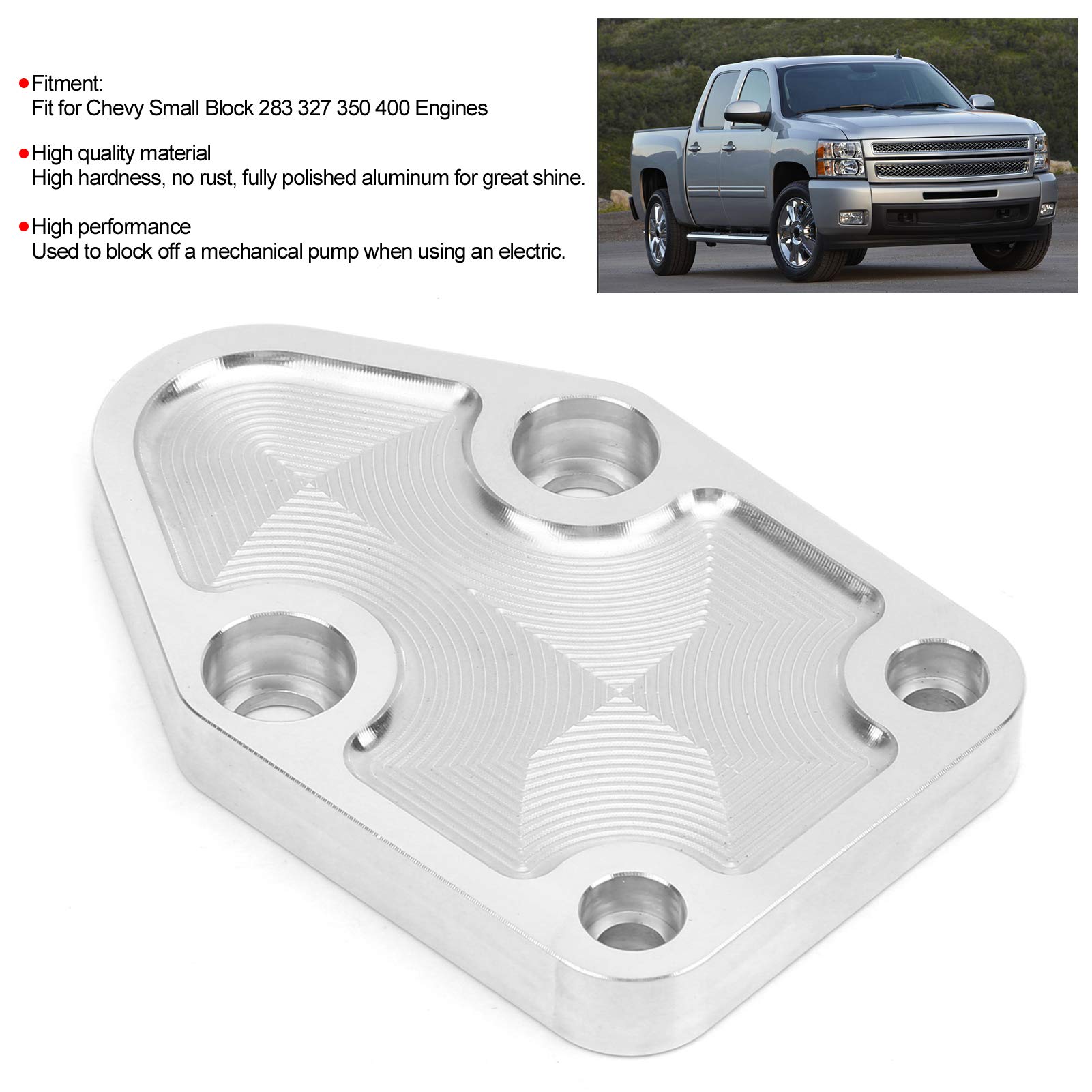 Camrusic Fuel Pump Plate with Gasket and Bolts, CNC Aluminum Fuel Pump Mounting Plate Kit Compatible with Chevy Small Block 283