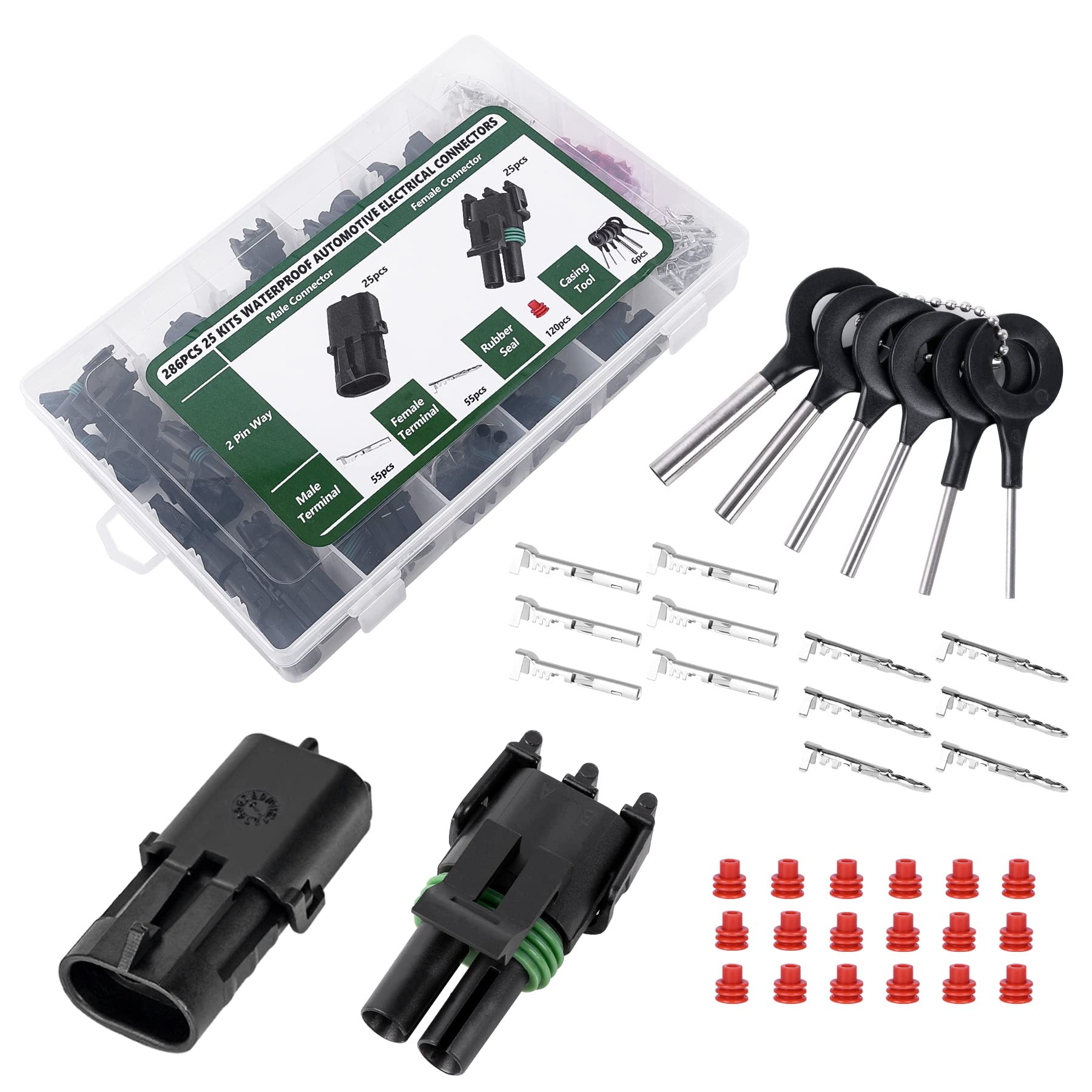 Kikerike 286Pcs 25 Kits Waterproof Automotive Electrical Connectors 2 Male&Female Pin 22-14Awg Wire Harness Spark Plug Connector Terminals Plug Kit Car