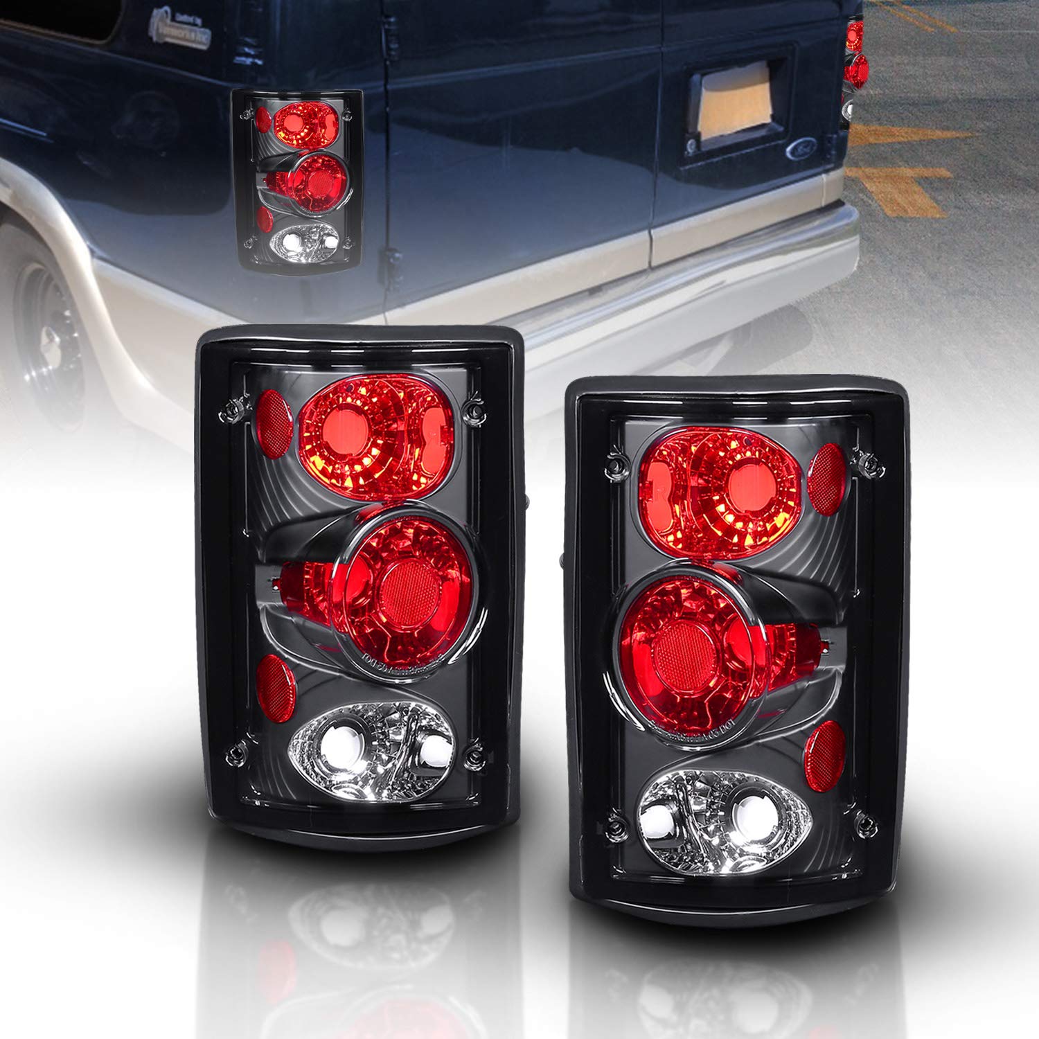 Amerilite Black Replacement Brake Tail Lights Set For Ford Excursion/Econoline Van - Passenger And Driver Side