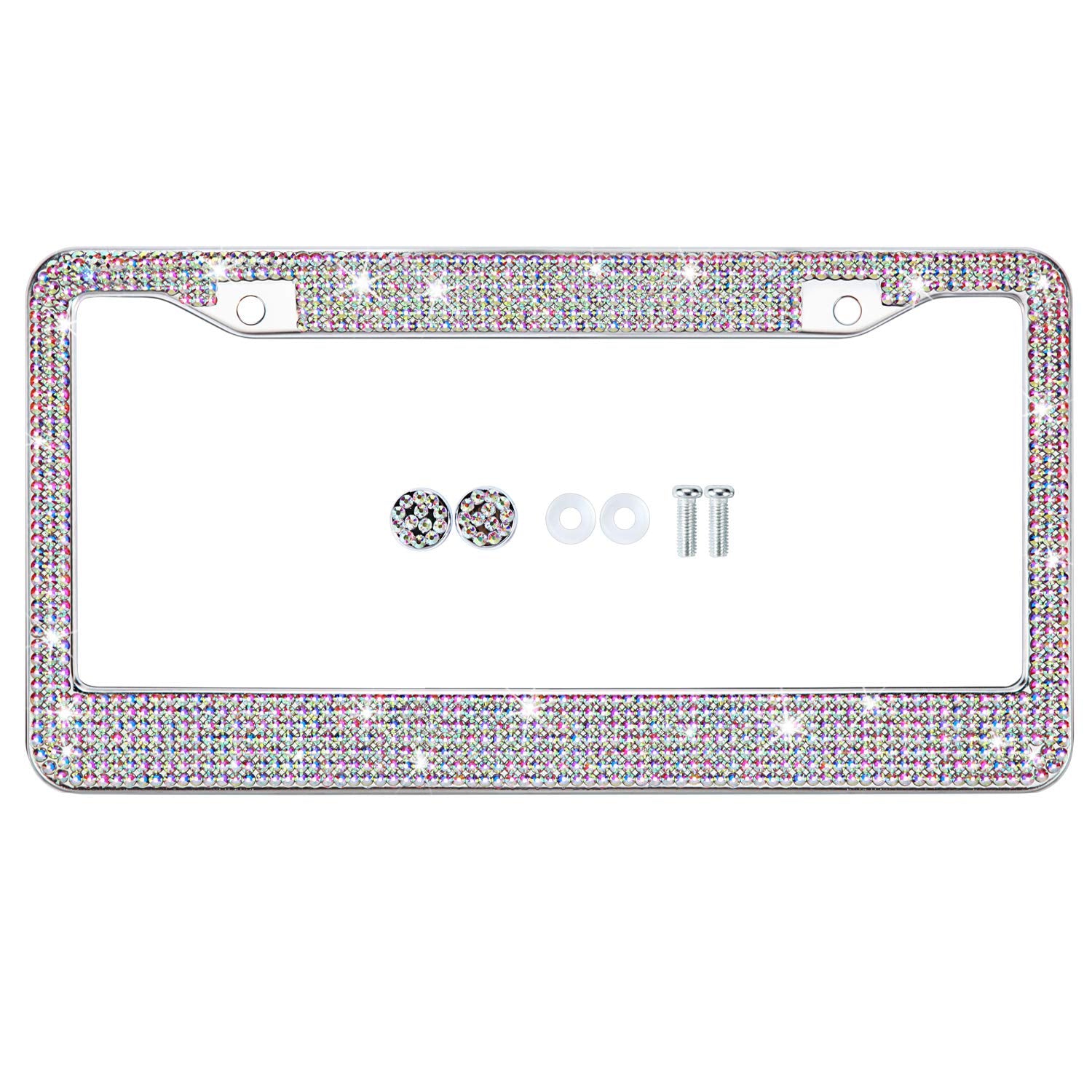 Tzarrot Multicolor Bling Rhinestone License Plate Frames For Women, Metal Rust-Proof License Plate Cover Bling Car Accessories F