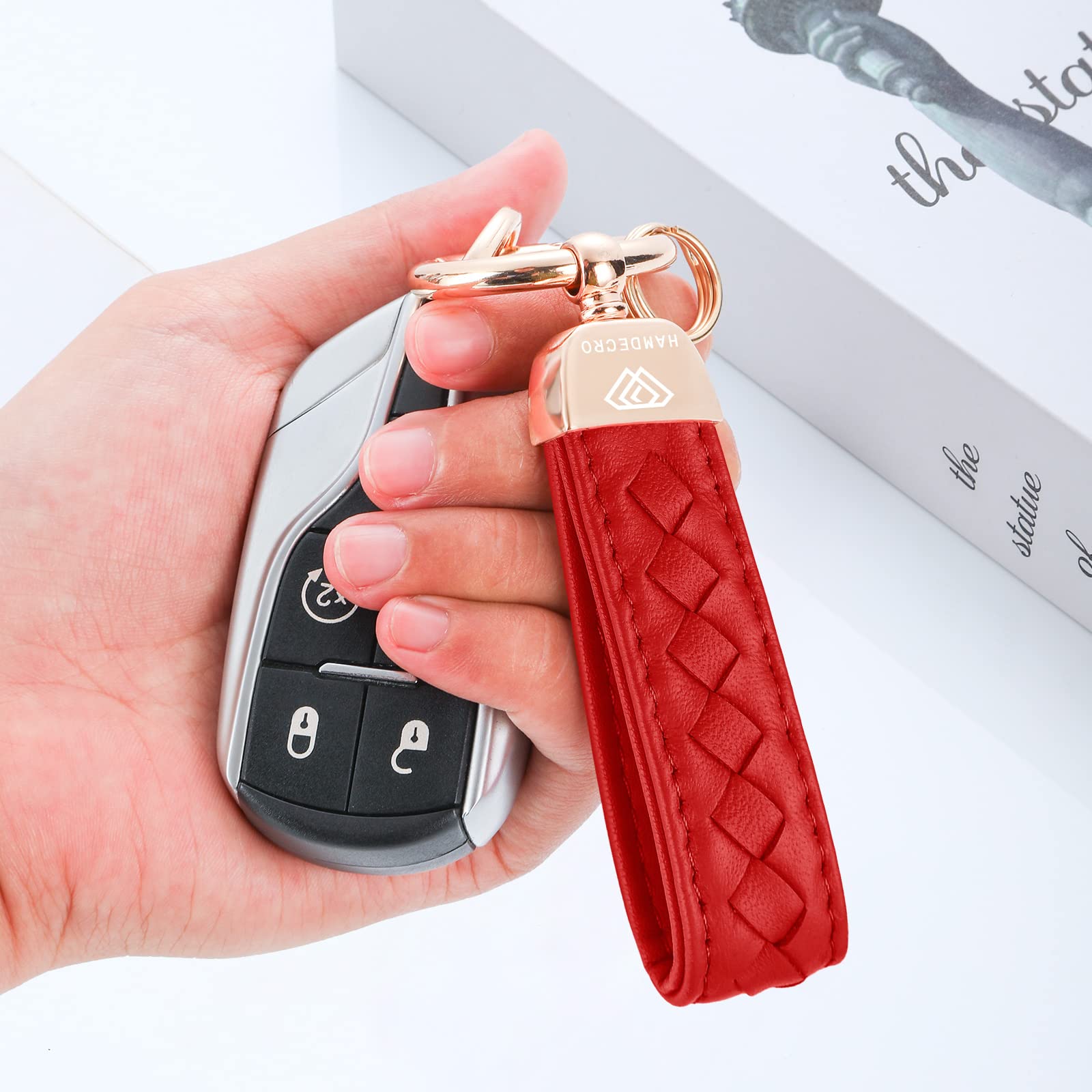 Hamdecro Genuine Leather Keychains, Handmade Knit Sheepskin Car Key Chains For Women, Universal Key Fob Holder With 360 Degree Rotatable, Anti-Lost D-Ring, 2 Keyrings And 1 Screwdriver - Red