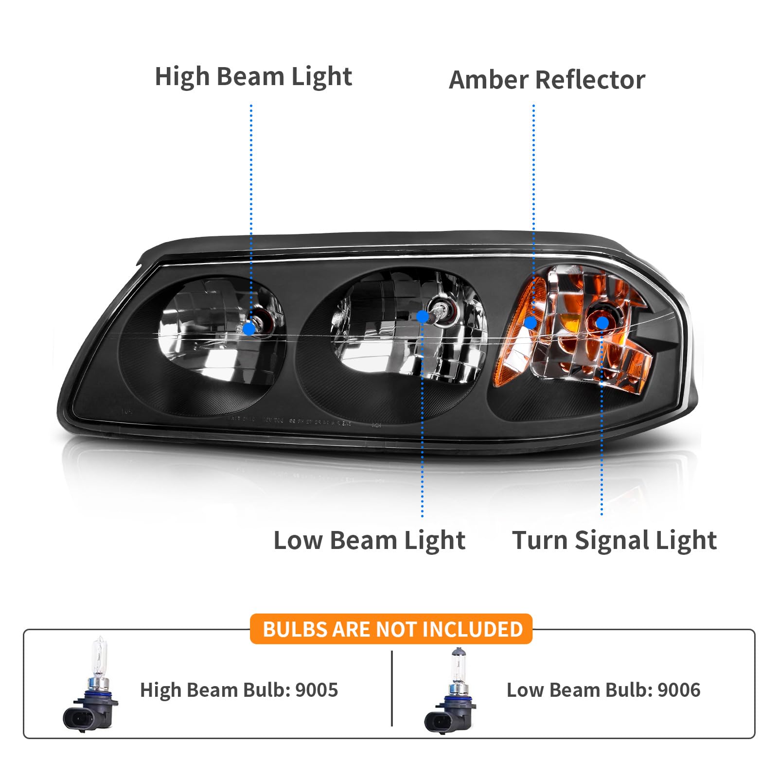 Dwvo Headlight Assembly Compatible With 2000-2005 Chevy Impala Black Housing Amber Reflector