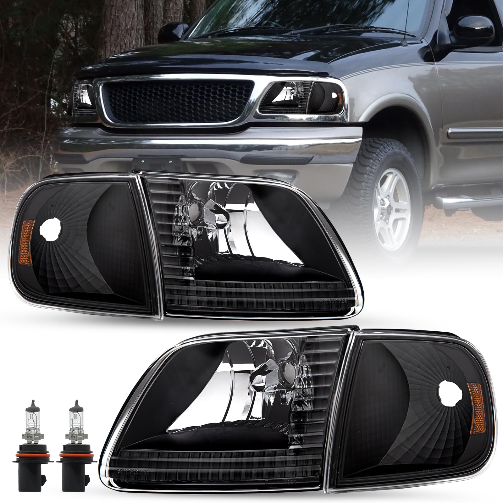 Sockir Headlight Assembly W/Bulbs Fit For Ford 1997-2003 F150 / 2004 F150 Heritage / 1997-2002 Expedition / 1997-1999 F250 Light Duty W/Corner Lights 4Pcs, Black Housing With Amber Reflector