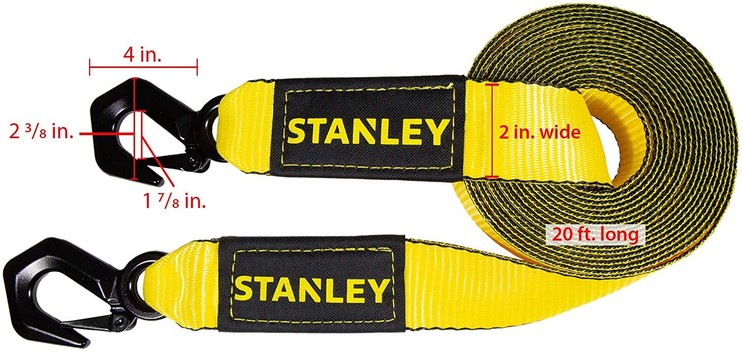 Stanley S1051 Black/Yellow 2'' X 20' Heavy-Duty Tow Strap With Tri-Hook - 3,000 Lb Working Load / 9,000 Lb Break Strength