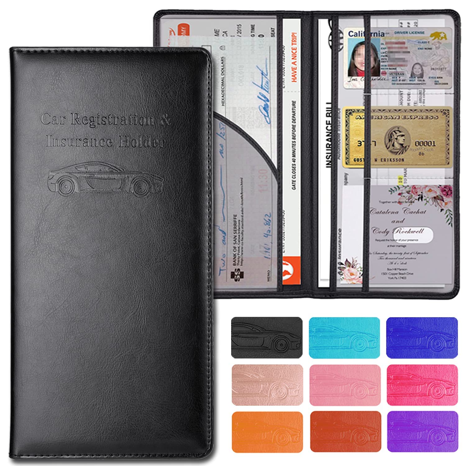 Car Accessories Registration And Insurance Holder,Leather Essential Card Magnetic Shut Wallet Vehicle Glove Box Organizer Case For Auto Driver License Document Truck Motorcycle Boat Men Women,Black