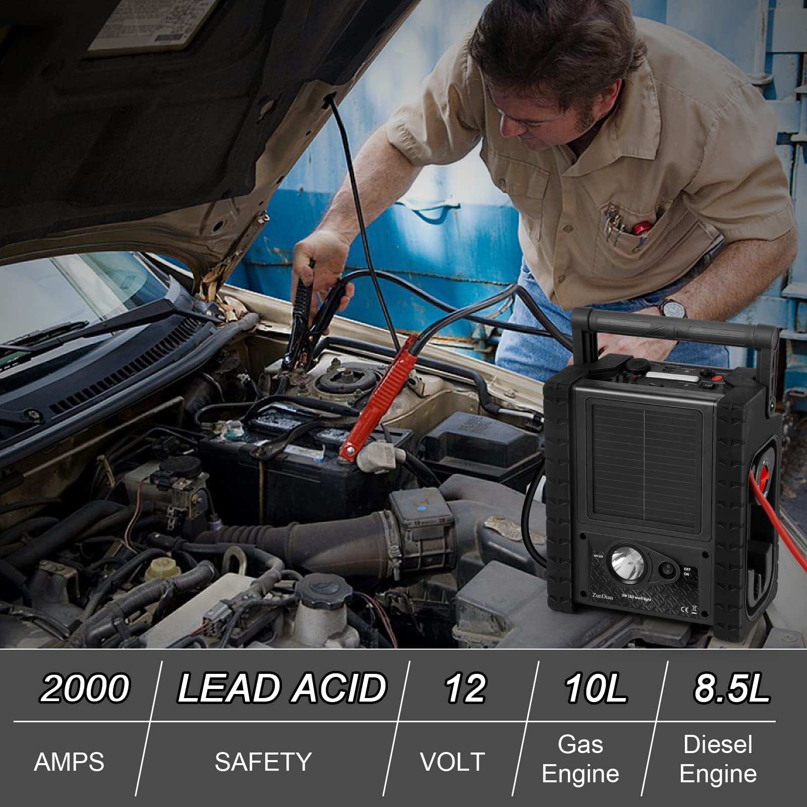 Zundian Zd-529 2000A Peak Car Battery Jump Starter, 260 Psi Portable Air Compressor Tire Inflator, Heavy Duty 12V Jump Box Batte