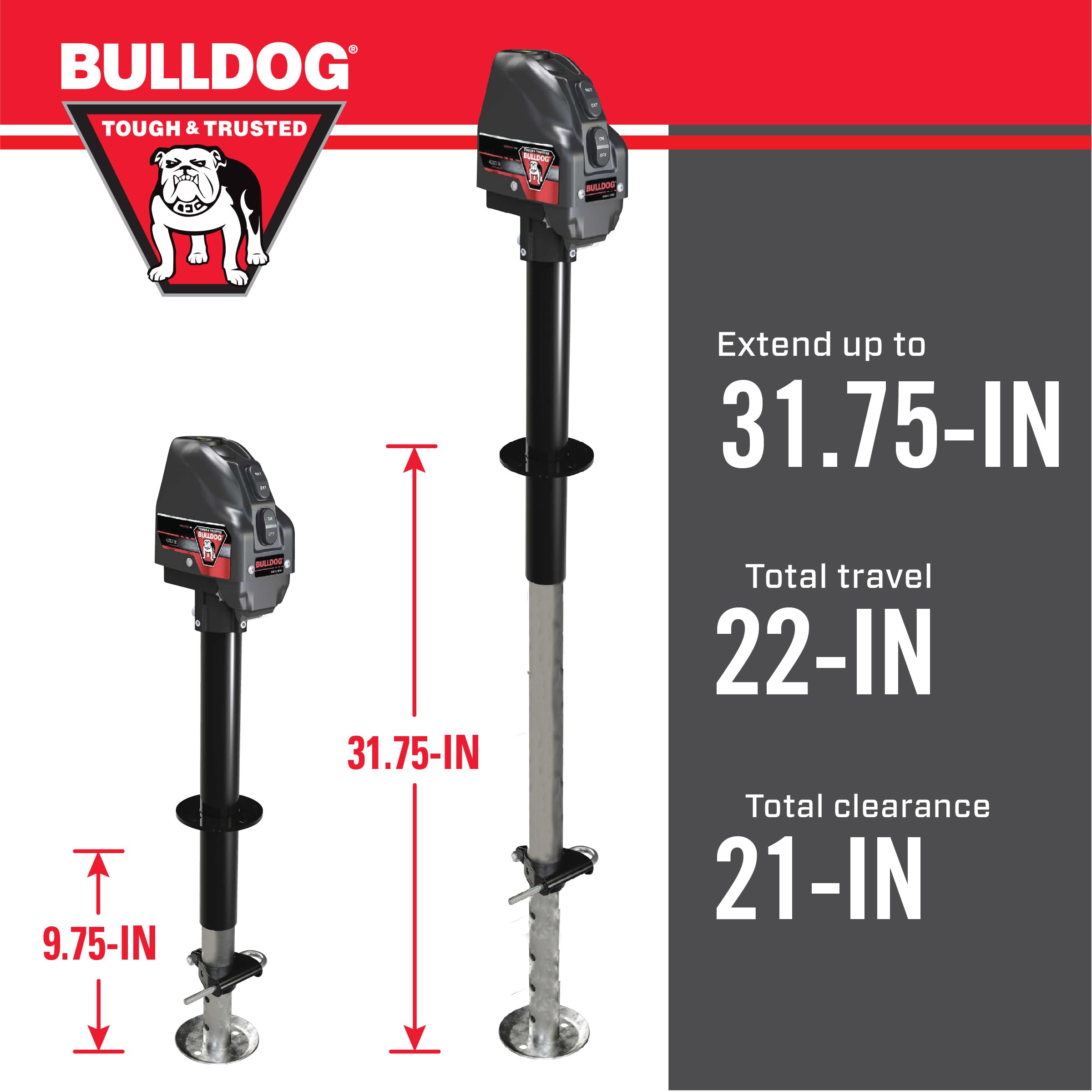 Bulldog 500199 Electric Trailer Jack, A-Frame Power Tongue Jack for Boat Trailers, 4000 lbs Capacity, 22 Travel, 3 LED Lights, Black
