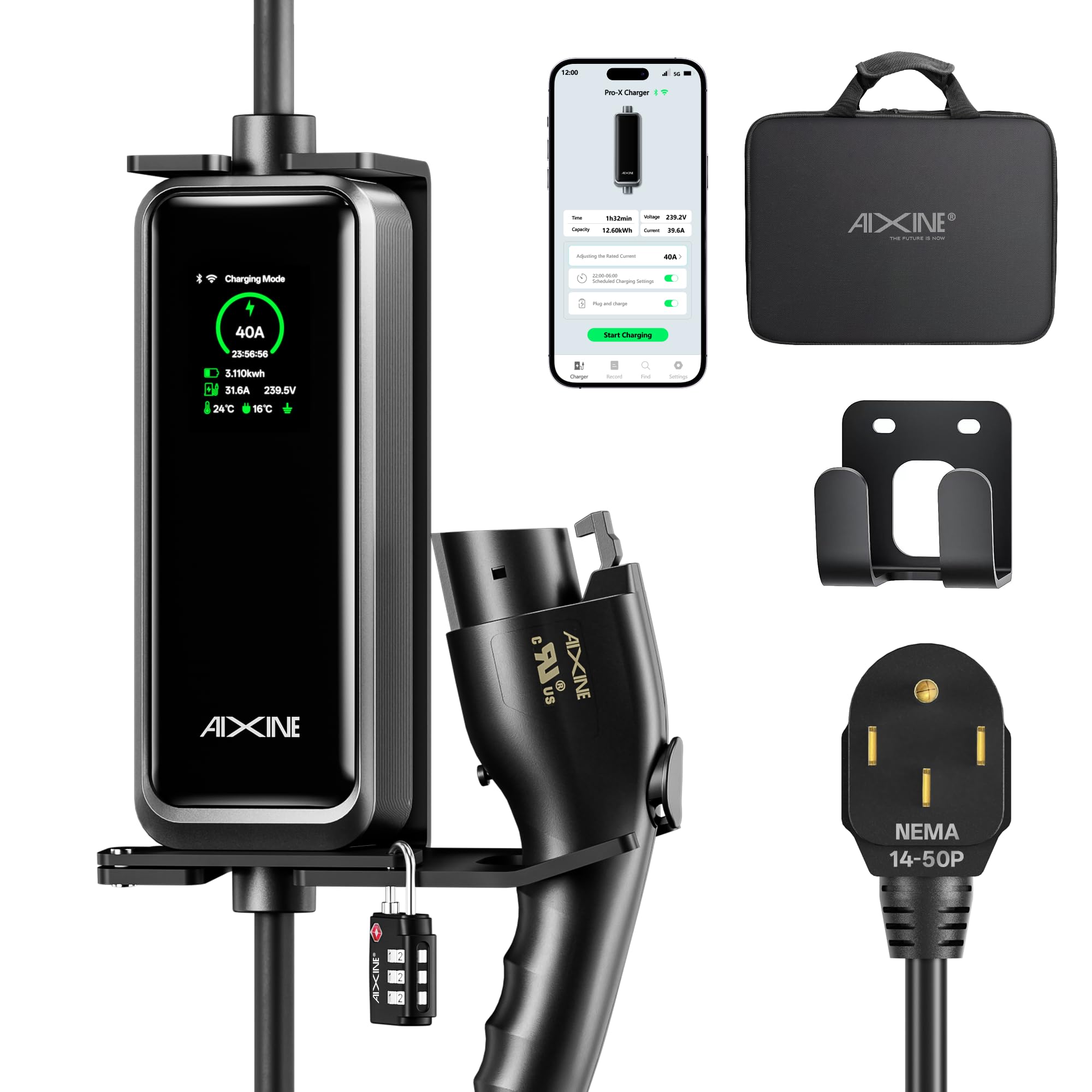 AIXINE Level 2 EV Charger(WiFi APP/Plug-Charge),J1772 40A with 25FT Extension Cord Cable,Waterproof Indoor/Outdoor,Portable EV C