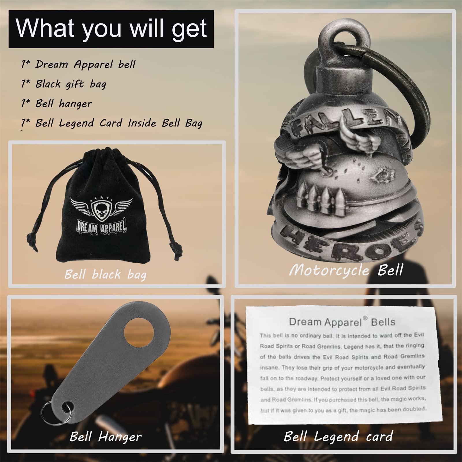 Dream Apparel Motorcycle ride bell for bikers,heavy spirit bells accessory and key chain for luck (DBL8-L fallen heroes)