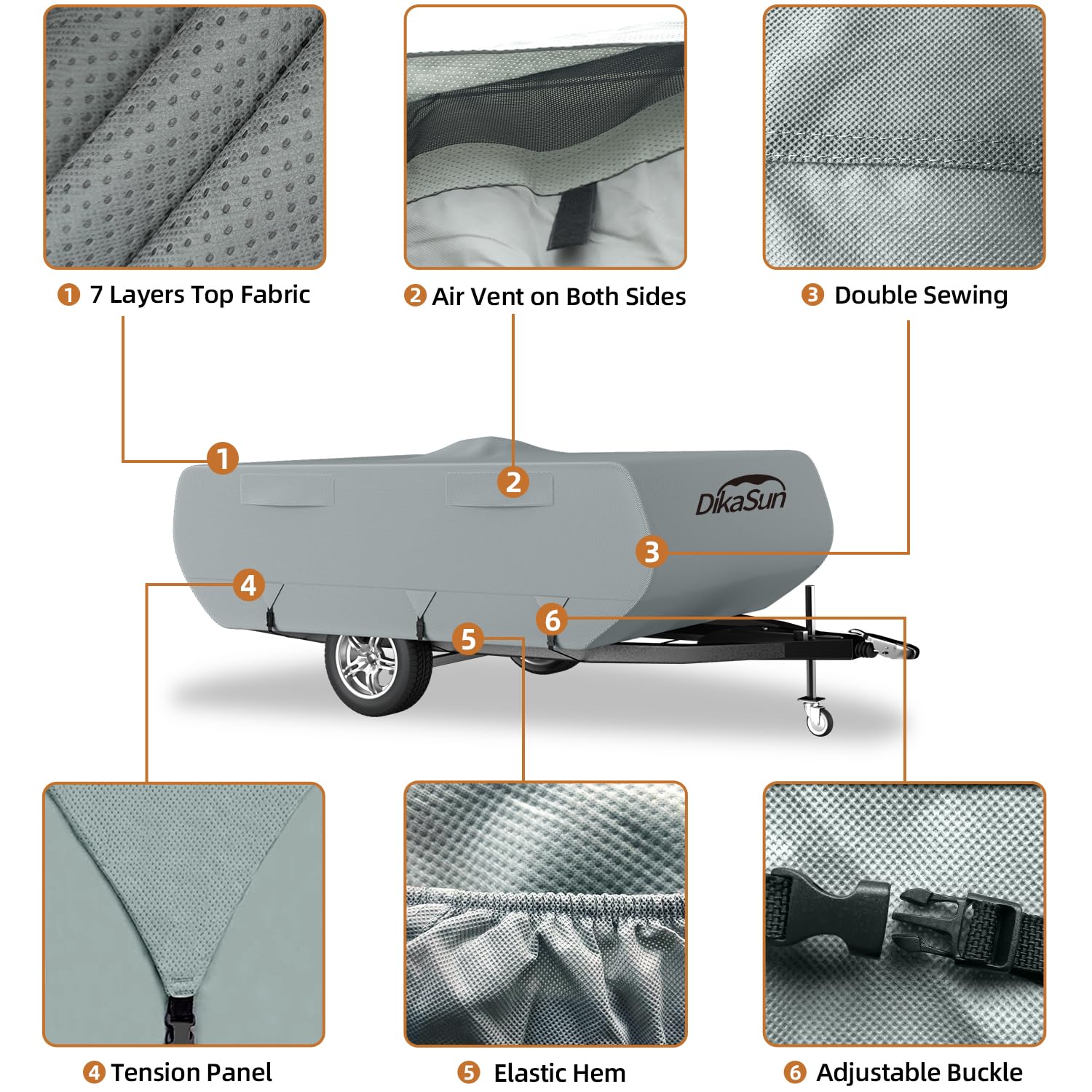 DikaSun Pop Up Camper Cover, 8'-10', 7 Layers Waterproof, Anti-UV, DK5 Color, Durable Polypropylene Material
