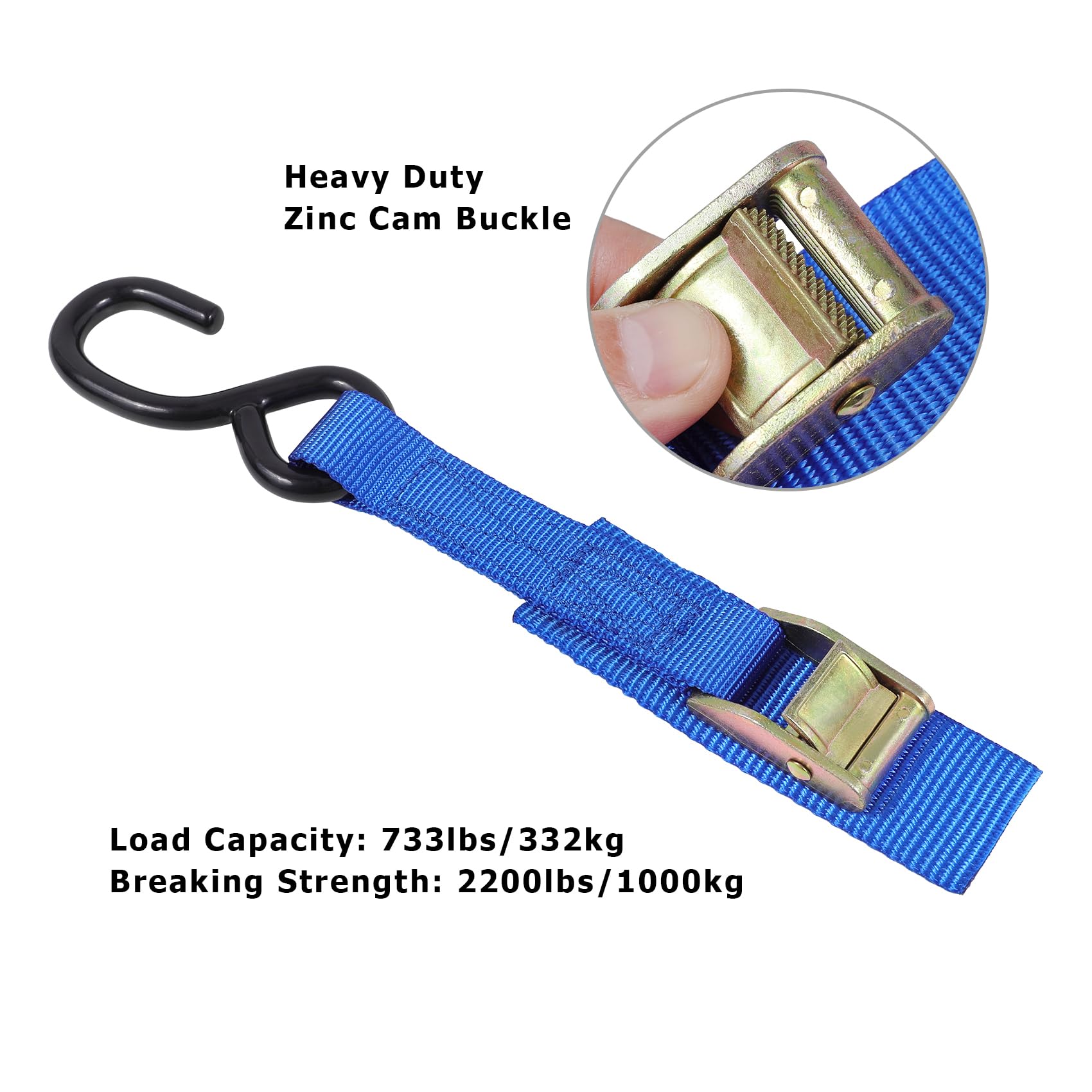 Ayaport Cam Buckle Tie Down Straps 10 Feet 2200Lbs Break Strength Blue Securing Straps With S Hooks For Motorcycle, Kayak, Car,