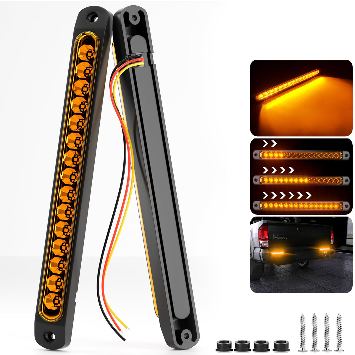 Pseqt 10'' 15 Led Trailer Turn Tail Light Bar - Amber Sequential Signal Marker Assembly With Identification Clearance Strip - Wa
