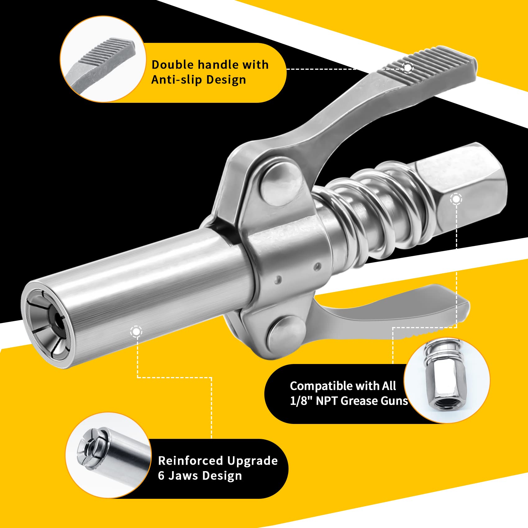 Comviee Grease Gun Coupler, Double Handle Quick Lock Release Grease Tips Ends Couplers, Rated 10,000 Psi, Compatible With All Gr