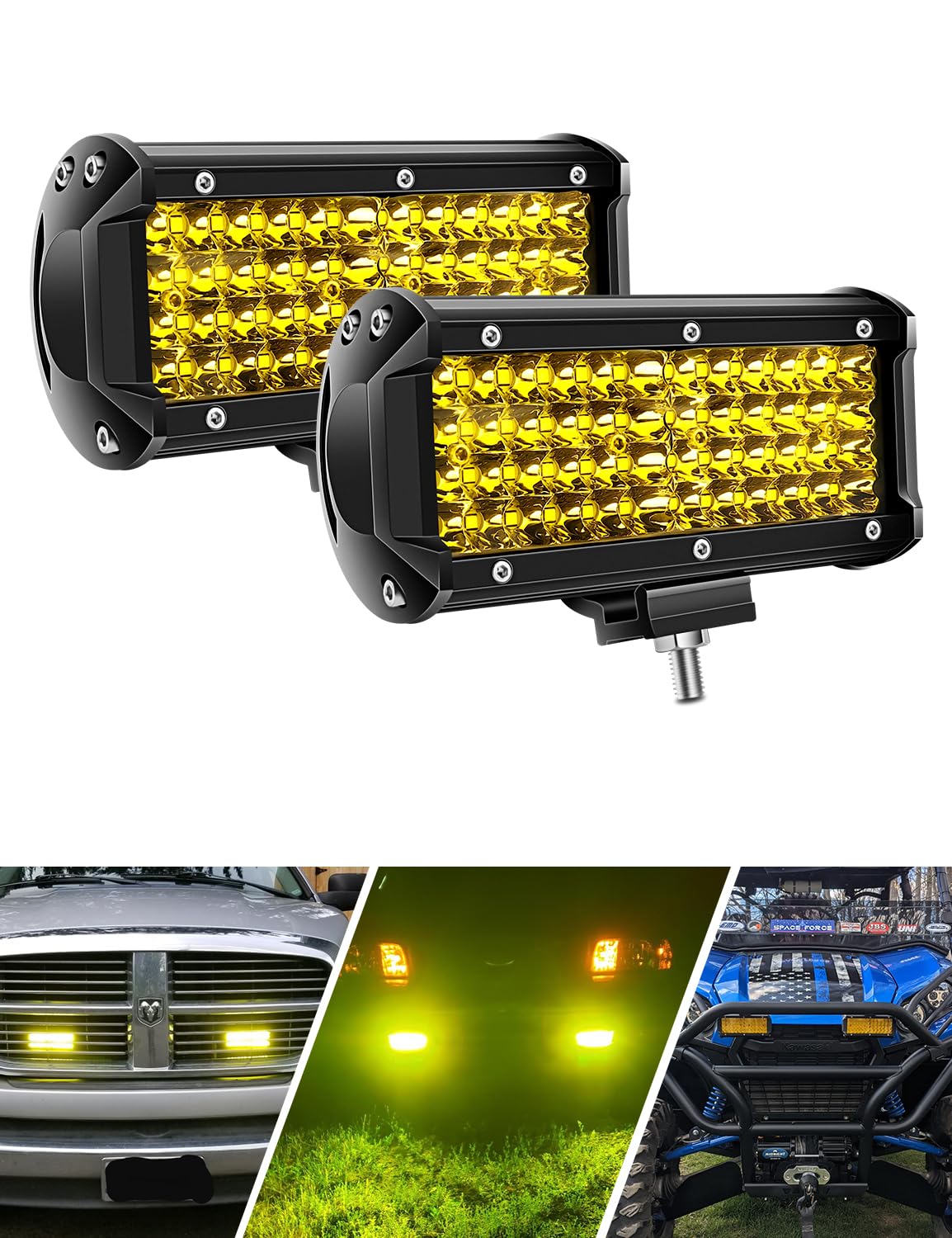 Amber Fog Lights 7 Inch 2Pcs Yellow 144W Led Light Bar Spot Beam Led Light Bar For Truck 11,520 Lm Quad Row Led Work Light Compa