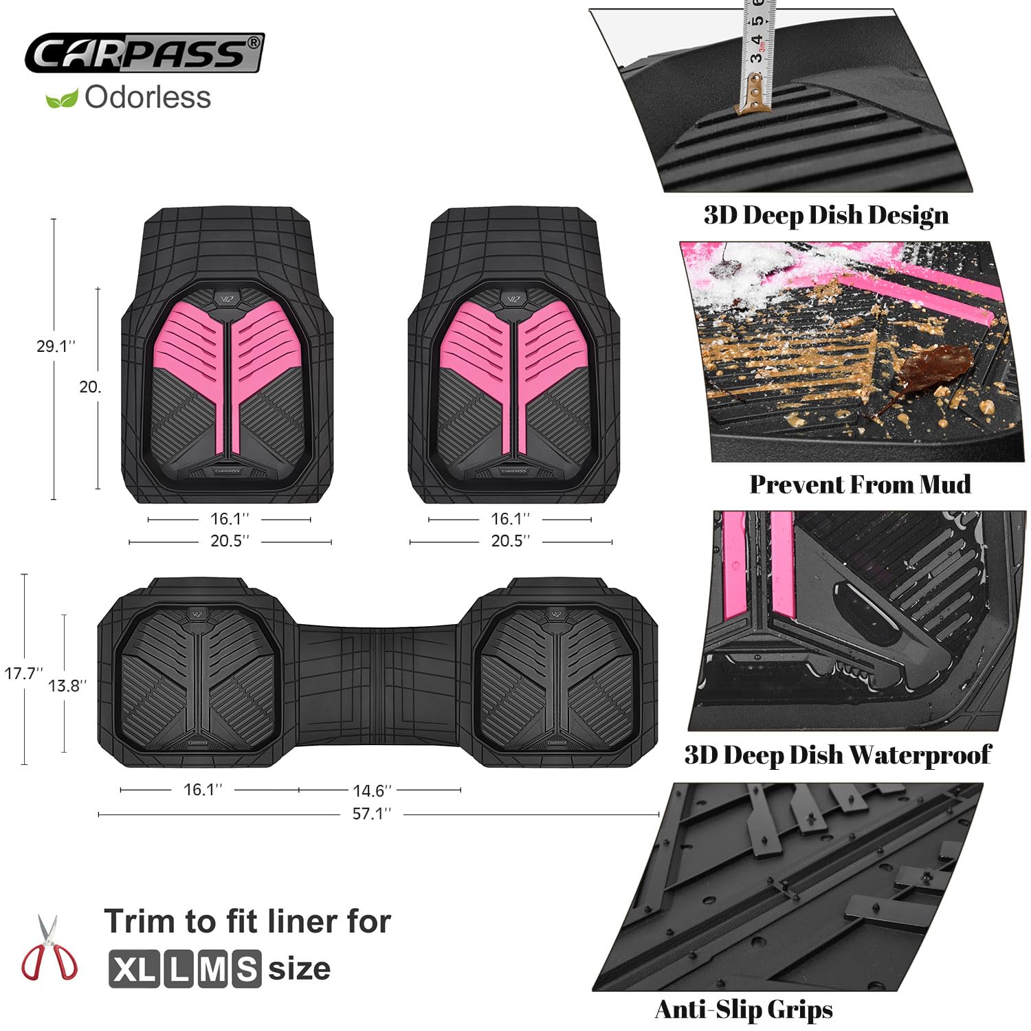 Car Pass Heavy Duty Rubber Car Mats, Deep Dish Car Floor Mats All Weather, Car Mats Full Set 3-Piece Trim To Fit For Sedans Suvs