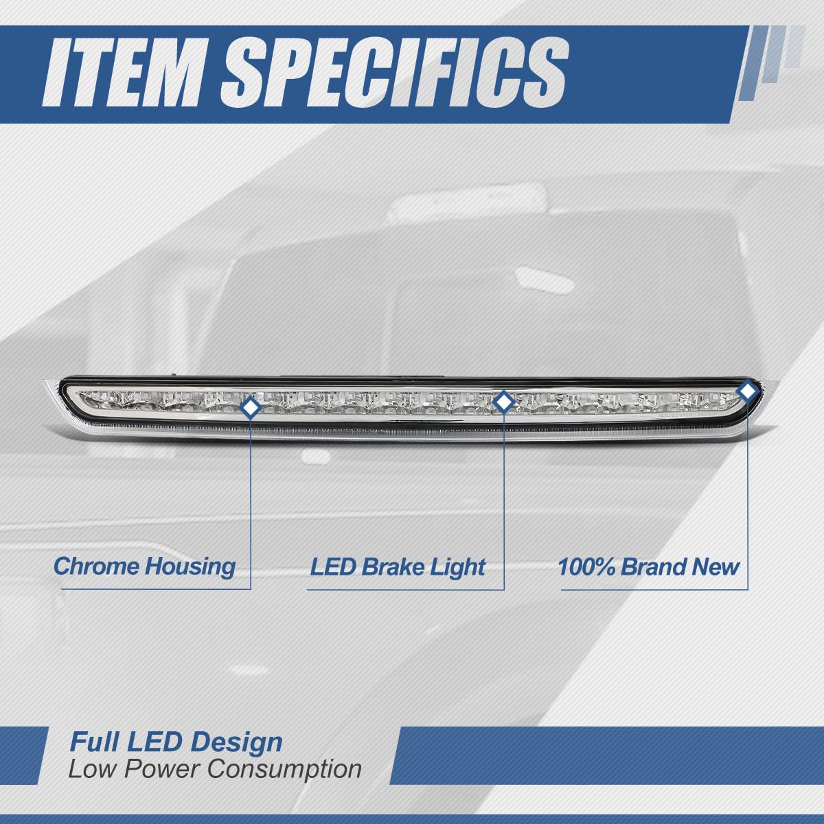 Auto Dynasty Full Led High Mount 3Rd Third Tail Brake Light Stop Lamp Compatible With Chevy Suburban 1500 2500 Tahoe Gmc Yukon Xl 1500 2500 2007-2014, Chrome Housing, Clear Lens