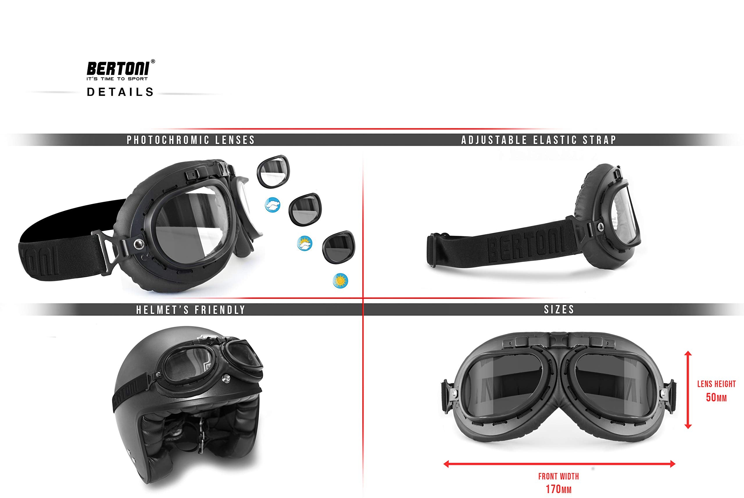 Bertoni Vintage Aviator Motorcycle Goggles Matt Black Anticrash Photochromic Lenses - F195Ph Pilot Over Helmets Glasses