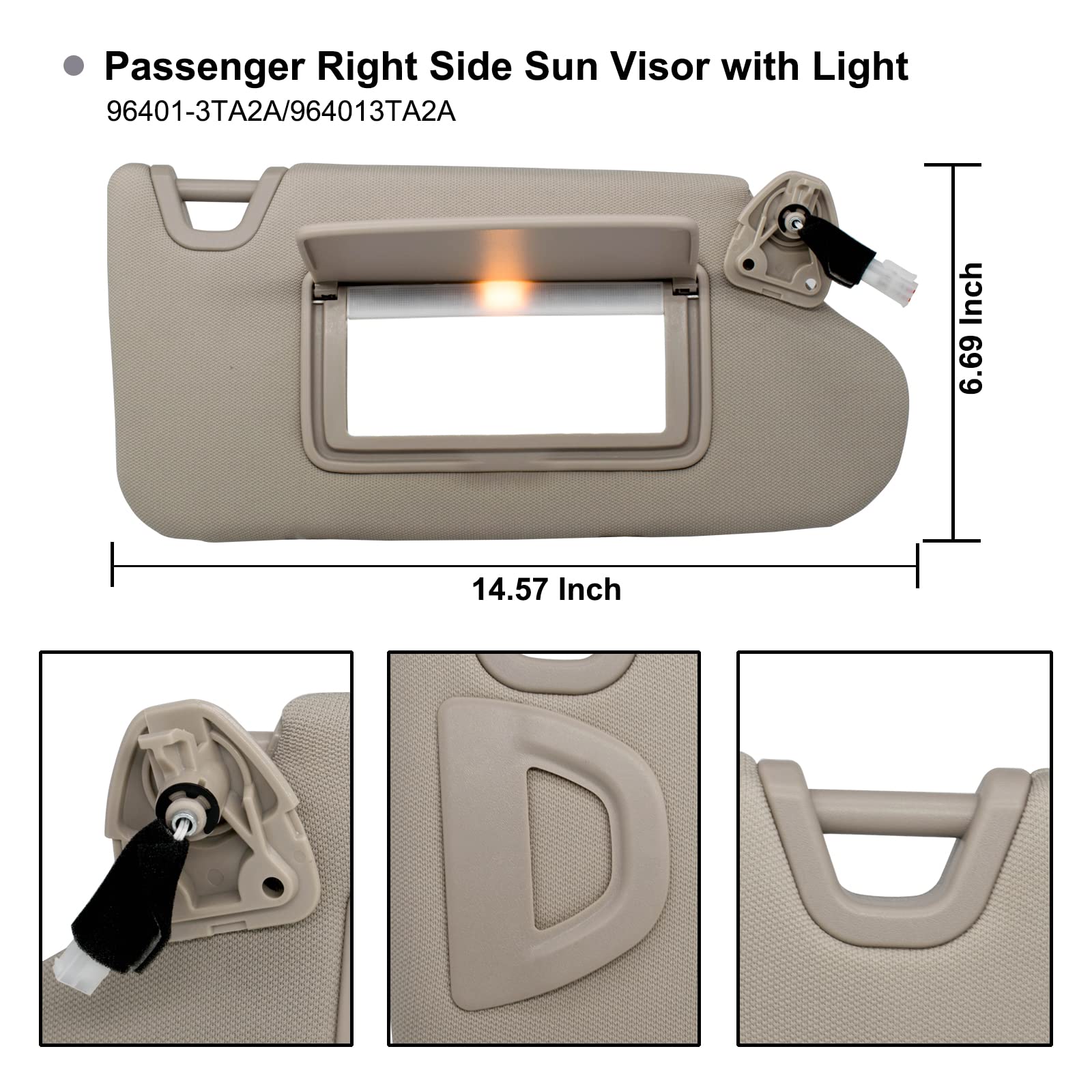 Nhiles Passenger Right Sun Visor Compatible With Nissan Altima 2013 2014 2015 2016 2017 2018 With Light, Without Sunroof 96400-3Ta2A Beige