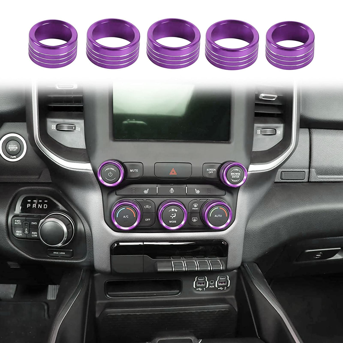 Voodonala for Dodge RAM Aluminum Center Console AC Radio Switch Knob Cover for 2018-2025+1 RAM Interior Accessories, 5pcs Purple