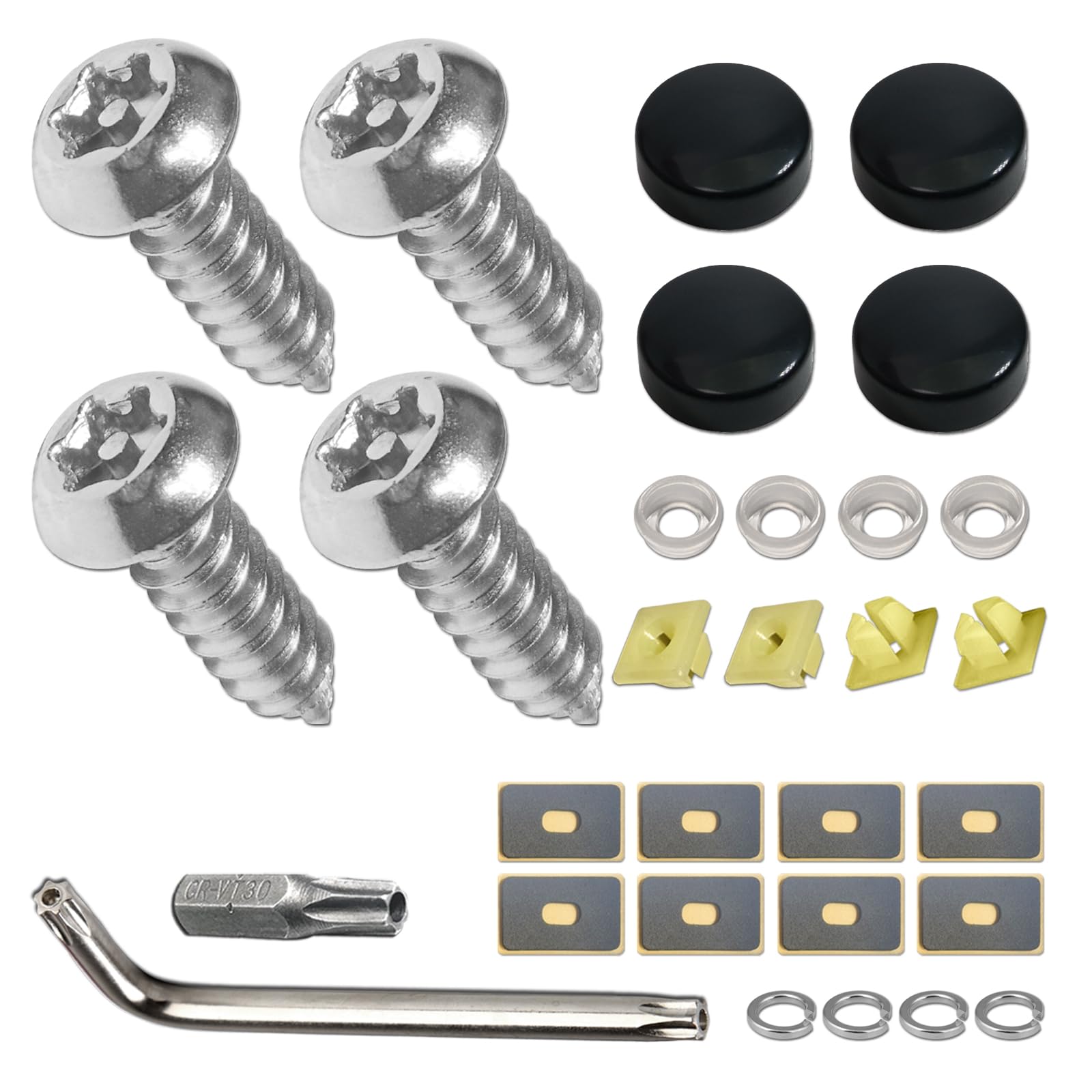 Aootf Stainless Steel License Plate Screws -30Pc Star Anti Theft Screw Torx Head Security Tamper Resistant Self Tapping License Plate Bolt License Plate Frame Fastener, Black Caps,Anti-Rattle Pad
