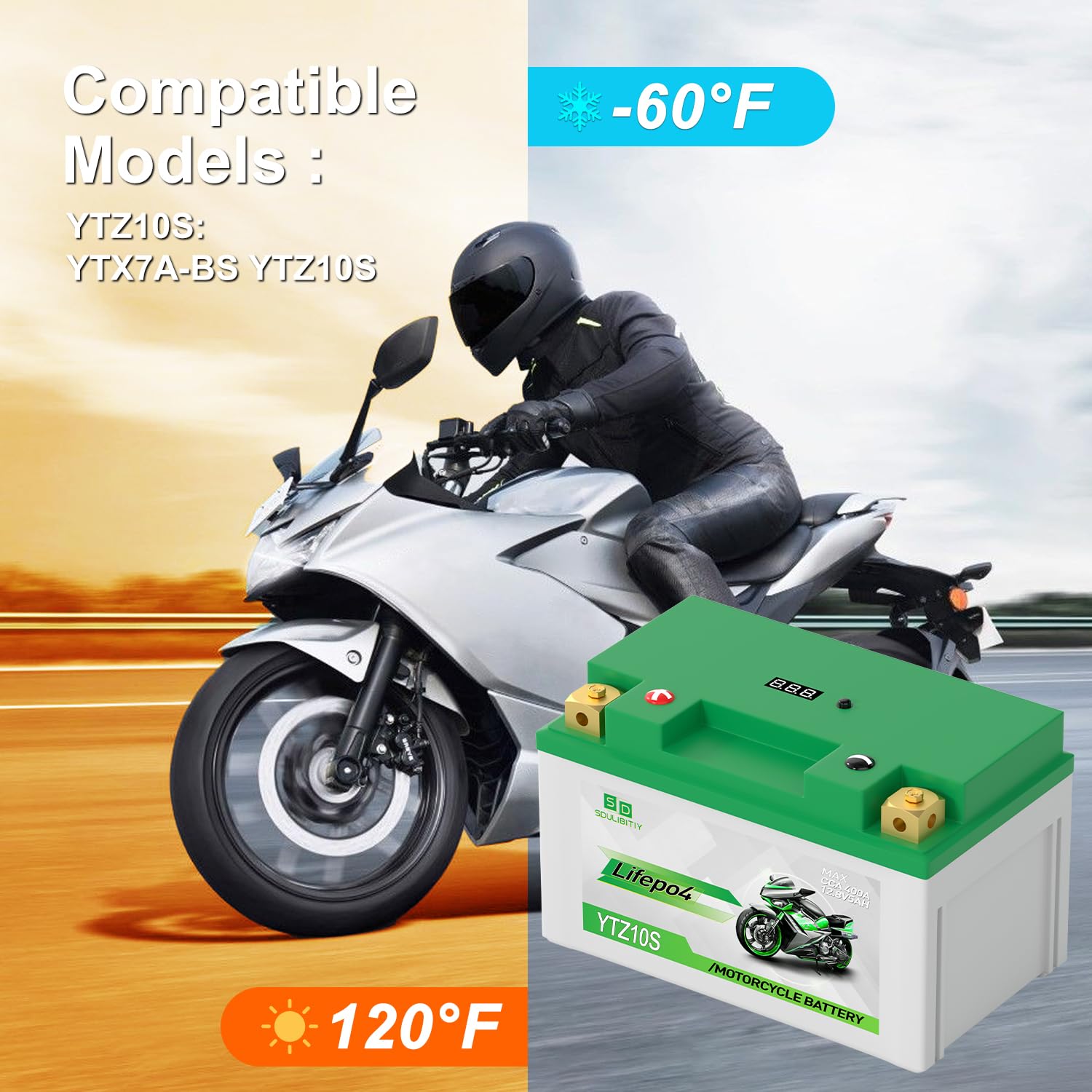 YTZ10S Lithium LiFePO4 Motorcycle Battery, 12V 5Ah, 360-400CCA, Built in BMS, Powersports Battery, for ATV, UTV, Jet Ski, Person