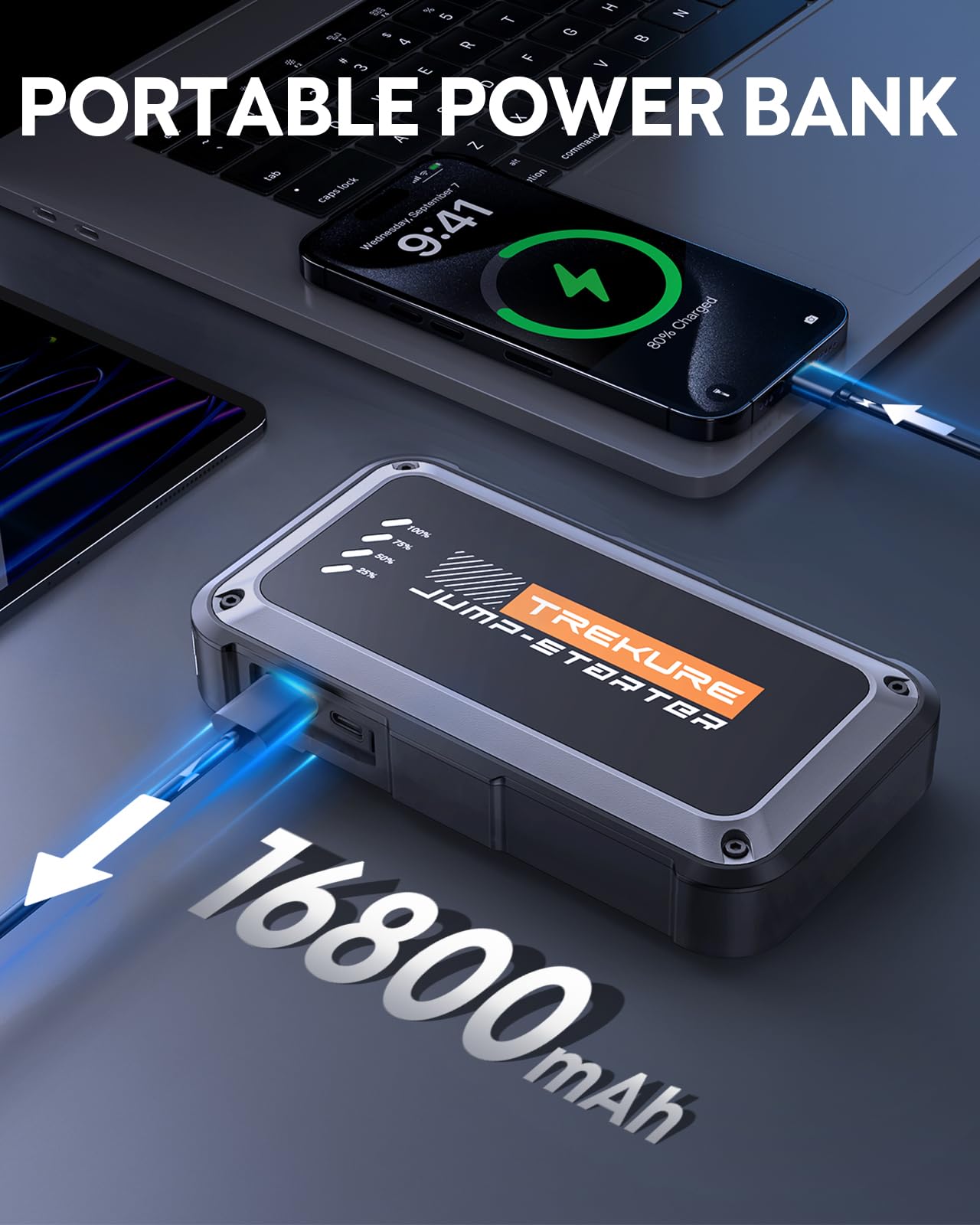 Trekure Portable Car Battery Jump Starter 3500A 16800Mah Jump Box, Car Battery Jumper Starter Portable Jumper Cables For Car(8.0