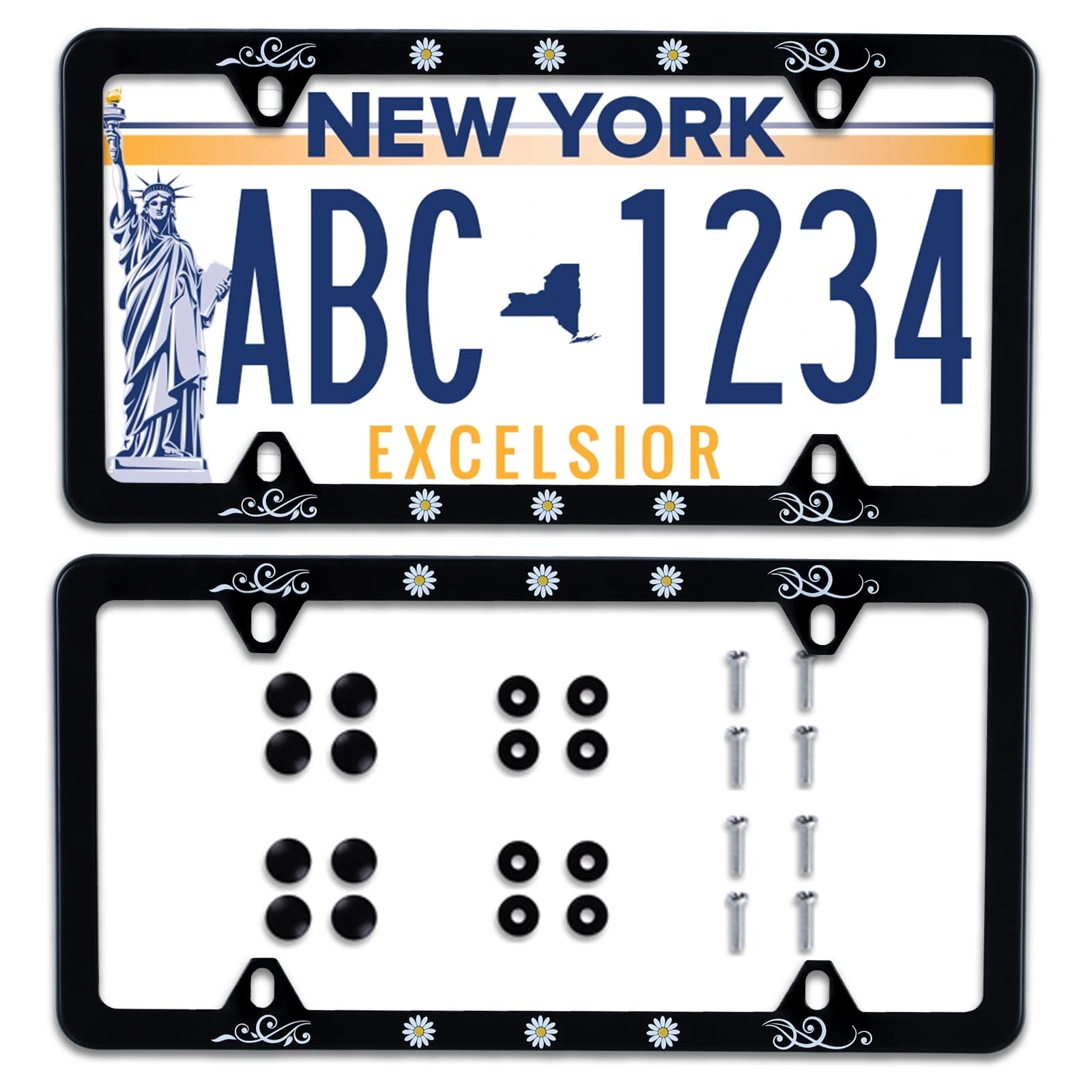 ?2Pcs? Cute Daisy Flower Yellow Daisies Floral License Plate Frame Stainless Steel Car License Plate Frame Accessory Car Plate F