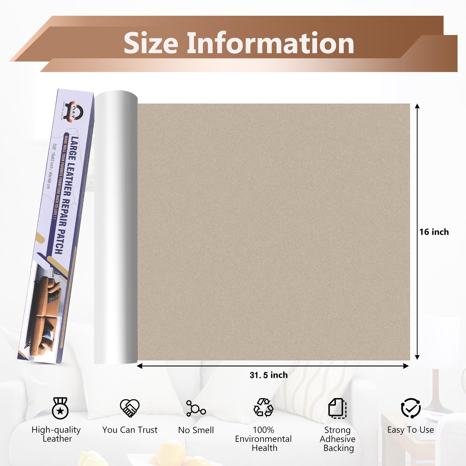 Oaz Self Adhesive Leather Repair Tape, 16X31.5 Inch Leather Repair Patch For Furniture, Leather Repair Kit For Car Seats, Couch,