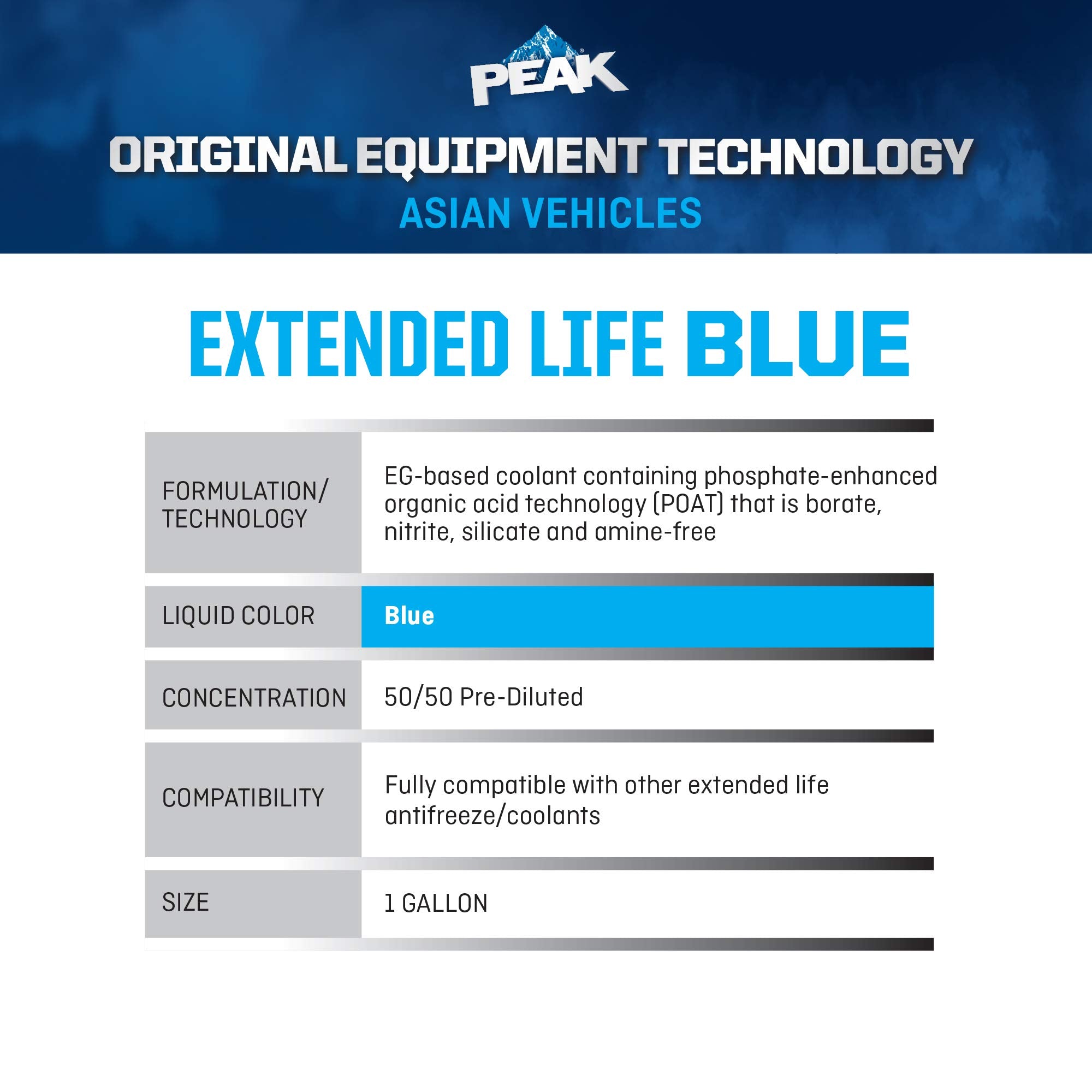 Peak Oet Extended Life Blue 50/50 Prediluted Antifreeze/Coolant For Asian Vehicles, 1 Gal.