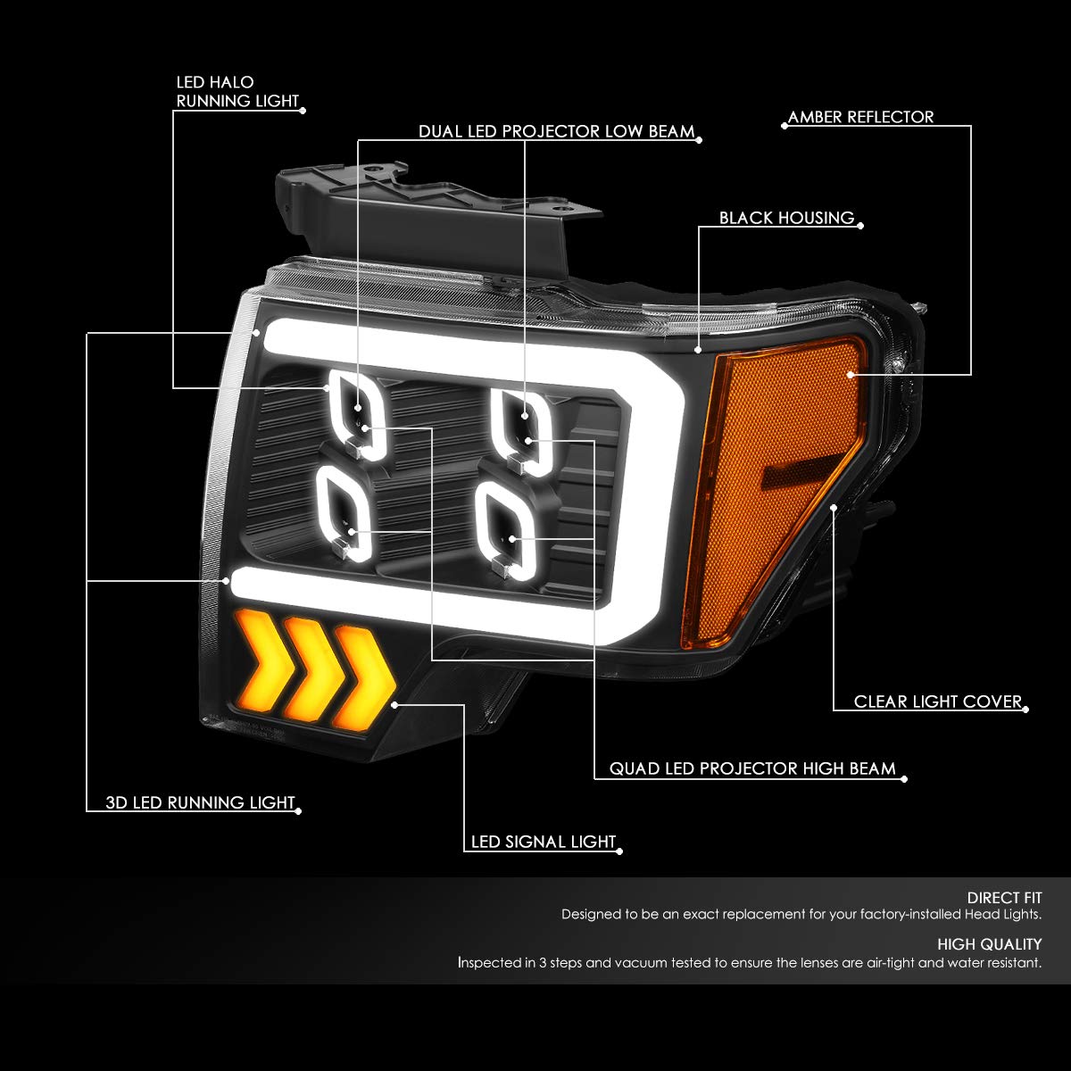 Dna Motoring Hl-Lb-T8-F15009-Bk-Am Pair Auto Update Led Effect Drl Quad Projector Headlight Lamp Replacement For 09-14 F150, Bla