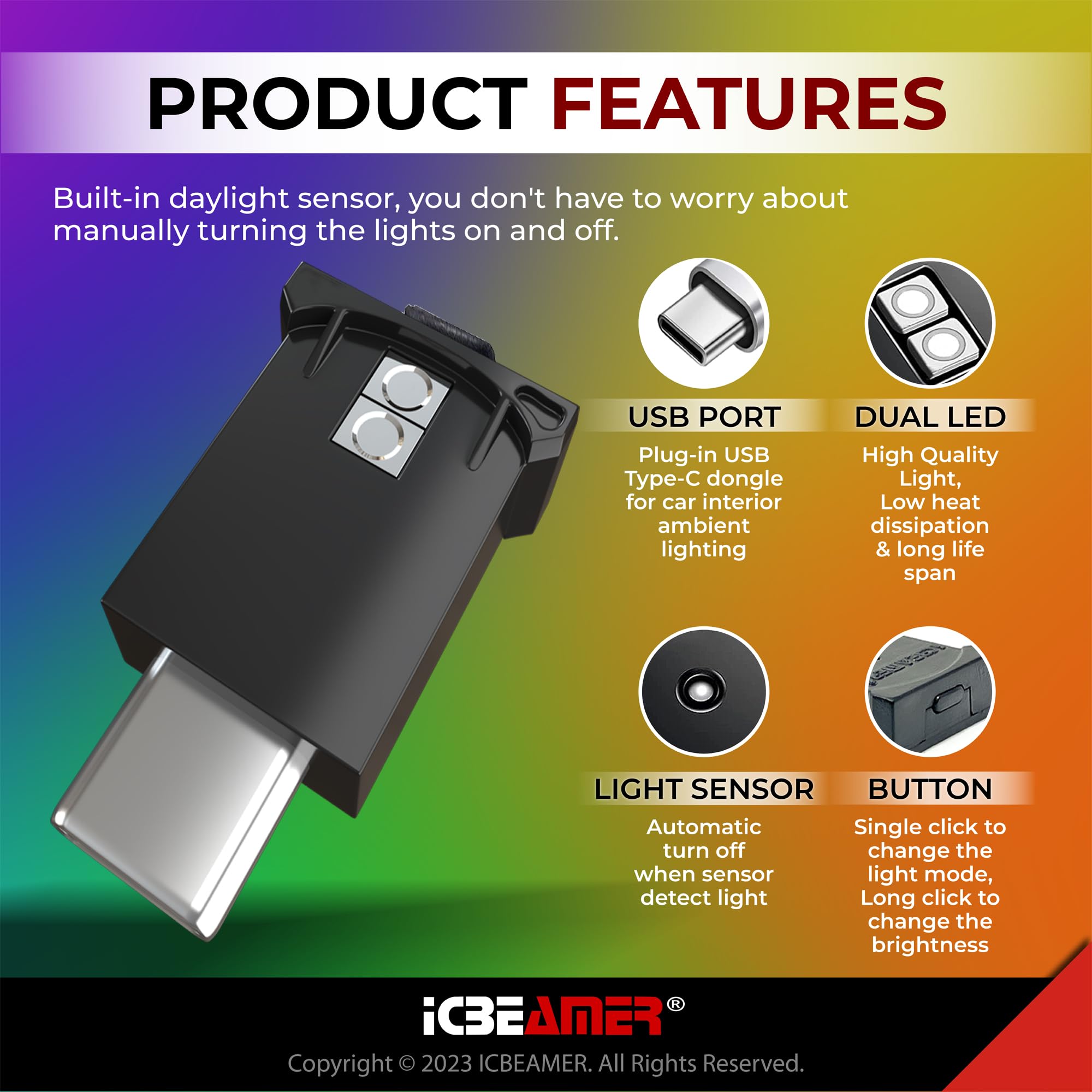 Icbeamer Type C Adapters Usb Atmosphere Led Light, [Color: Blue] | Smart Interface Plug-In Miniature Led Night Light For Automot