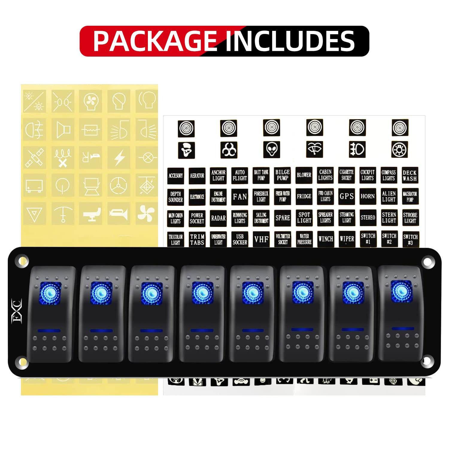 FXC Blue 8 Gang Rocker Switch Aluminum Panel Toggle Dash ON/Off Pre-Wired Switches Rocker Switch Panel Waterproof for 12V/24V Au