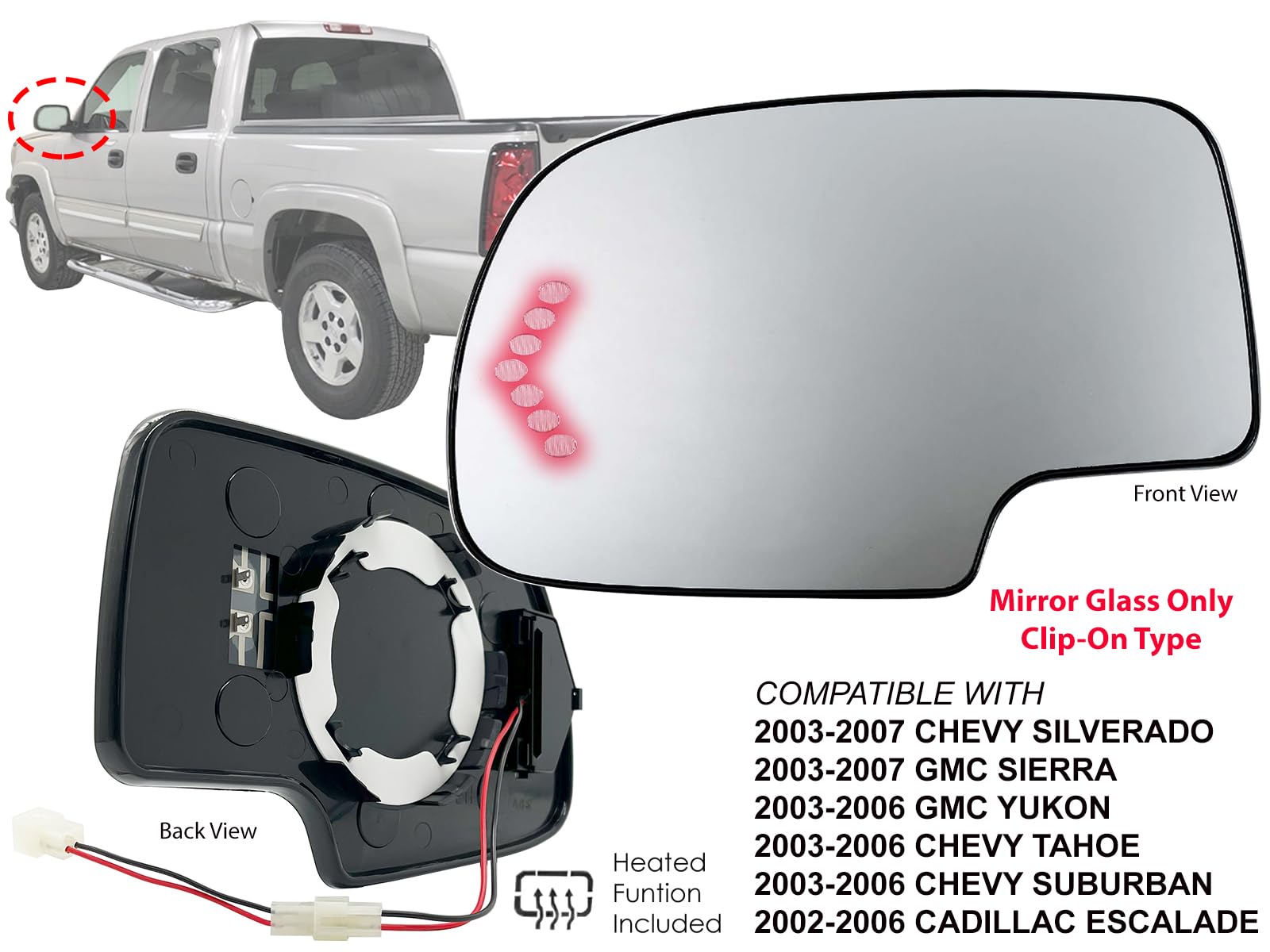 APA Replacement Mirror Glass for 2003-2006 TAHOE YUKON ESCALADE AVALANCHE SUBURBAN Power Heated with LED Signal Driver Left Side