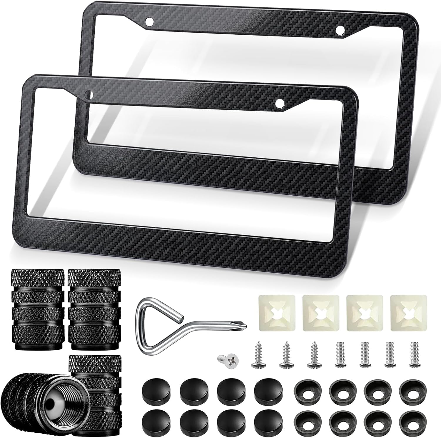License Plate Frames - License Plate Covers With Carbon Fiber Vavle Caps, 2 Packs Universal Carbon Fiber Pattern Frame For Front