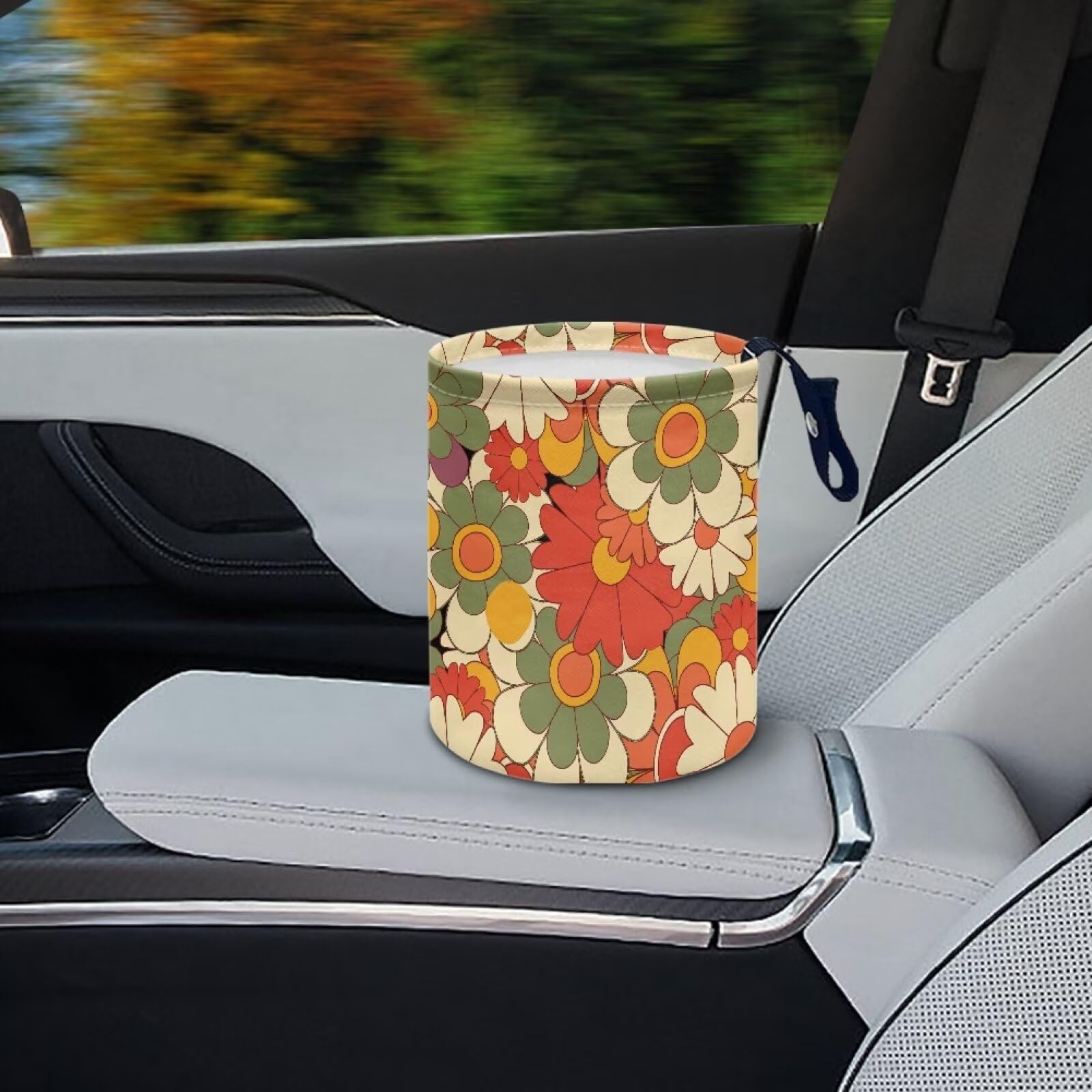 Brosoneto Colorful Groovy Flower Print Portable Car Garbage Bin Reusable Collapsible Hanging Portable Dustbin Bin Waste Basket C