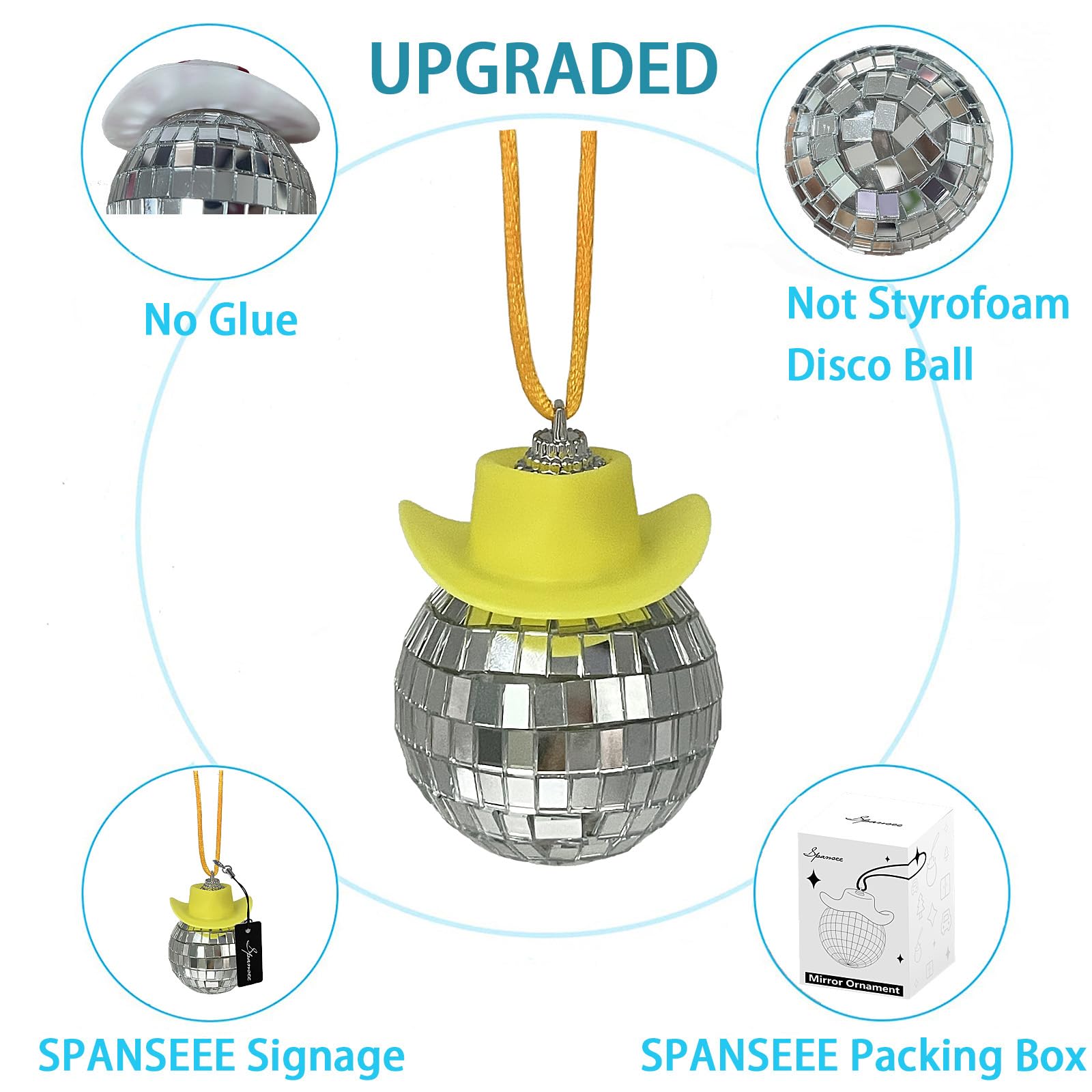 Spansee Yellow Disco Car Charm, Disco Cowgirl Car Charm, Disco Ball Cowboy Hat Car Accessory, Car Disco Ball, Rear View Mirror Accessories, Disco Ball Car Mirror Ornament, Disco Ball For Car