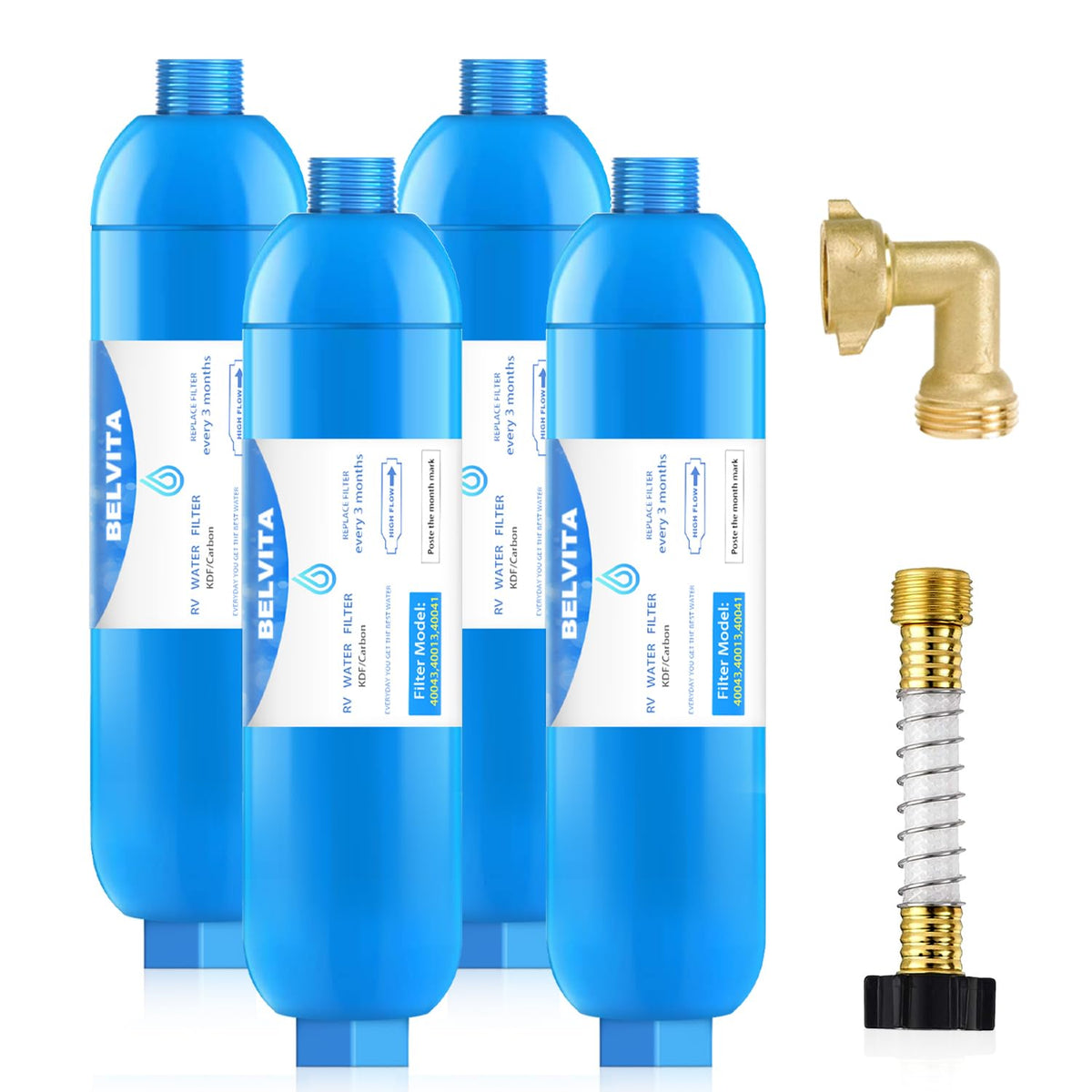 BELVITA RV Inline Water Filter with Solid Brass 90 Degree Hose Elbow, Eliminates Stress and Strain On RV Water Intake Hose Fitti