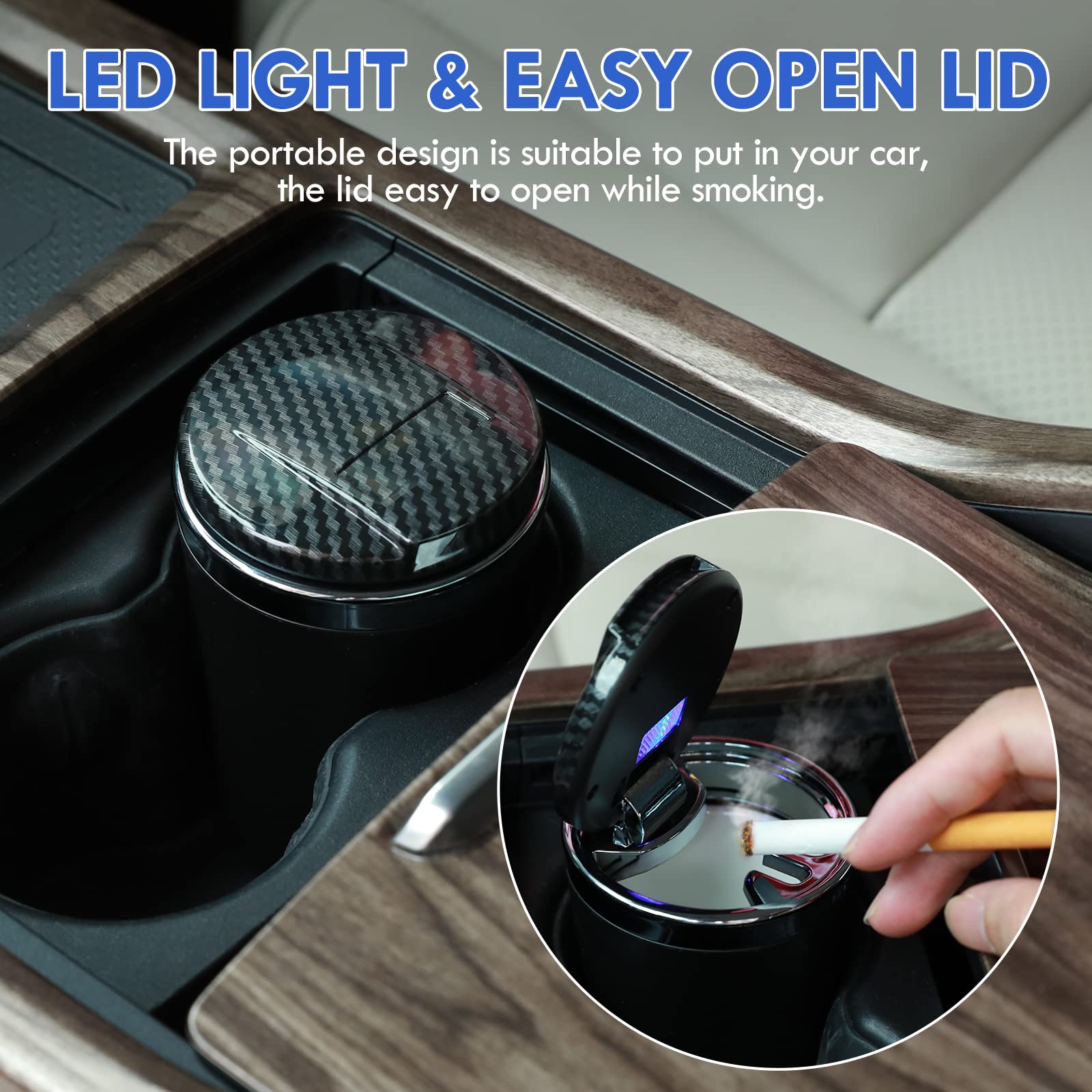 Car Ashtray With Lid Auto Ashtrays Smell Proof Smokeless Ashtray For Car Easy Clean Up Detachable Ash Tray With Led Blue Light (Black)