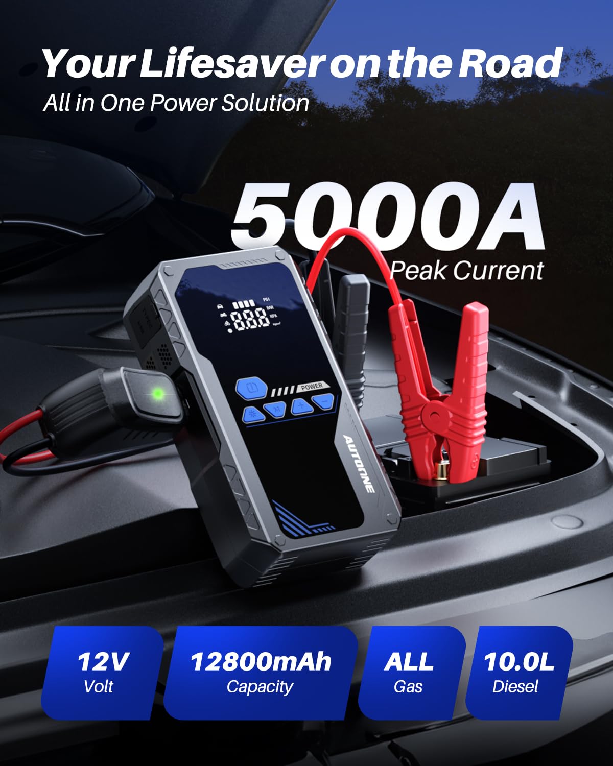 AUTOONE 6000A Jump Starter with Air Compressor, 150PSI Tire Inflator, LCD Display, Portable, Includes Storage Case
