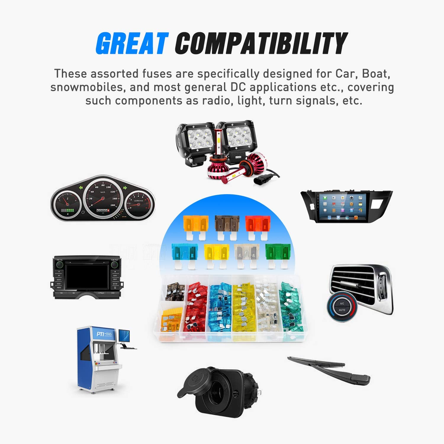 Nilight - 50016R 120 Pcs Standard Fuse Assortment Kit - 5, 7.5, 10, 15, 20, 25, 30 Amp - Regular Apr/Ato (Open)/Atc Blade Fuses