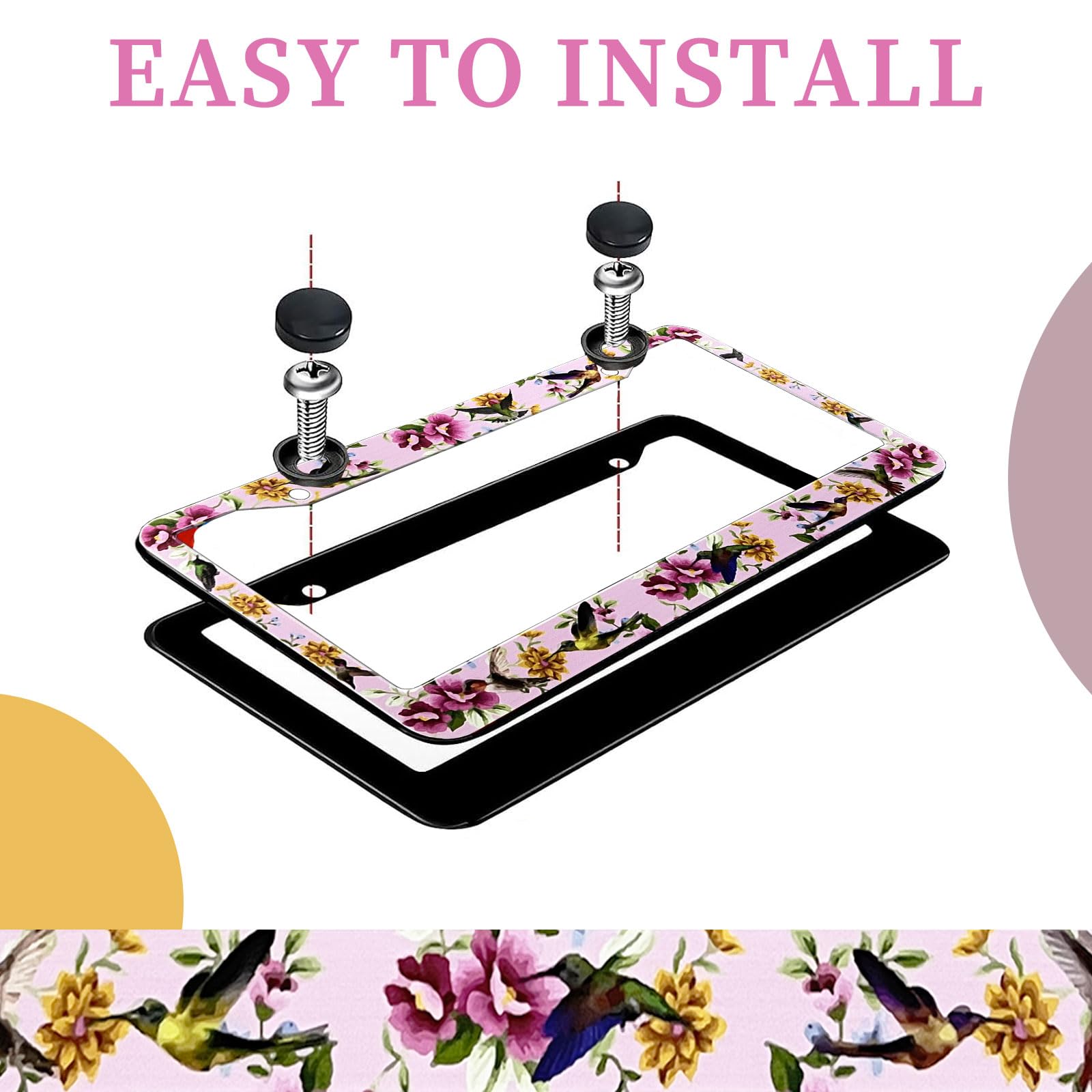 LIN KANG Florals Hummingbird License Plate Frames - 2 Pack Personalise Pink Car Plate Frame Universal Accessories Aluminum Car T